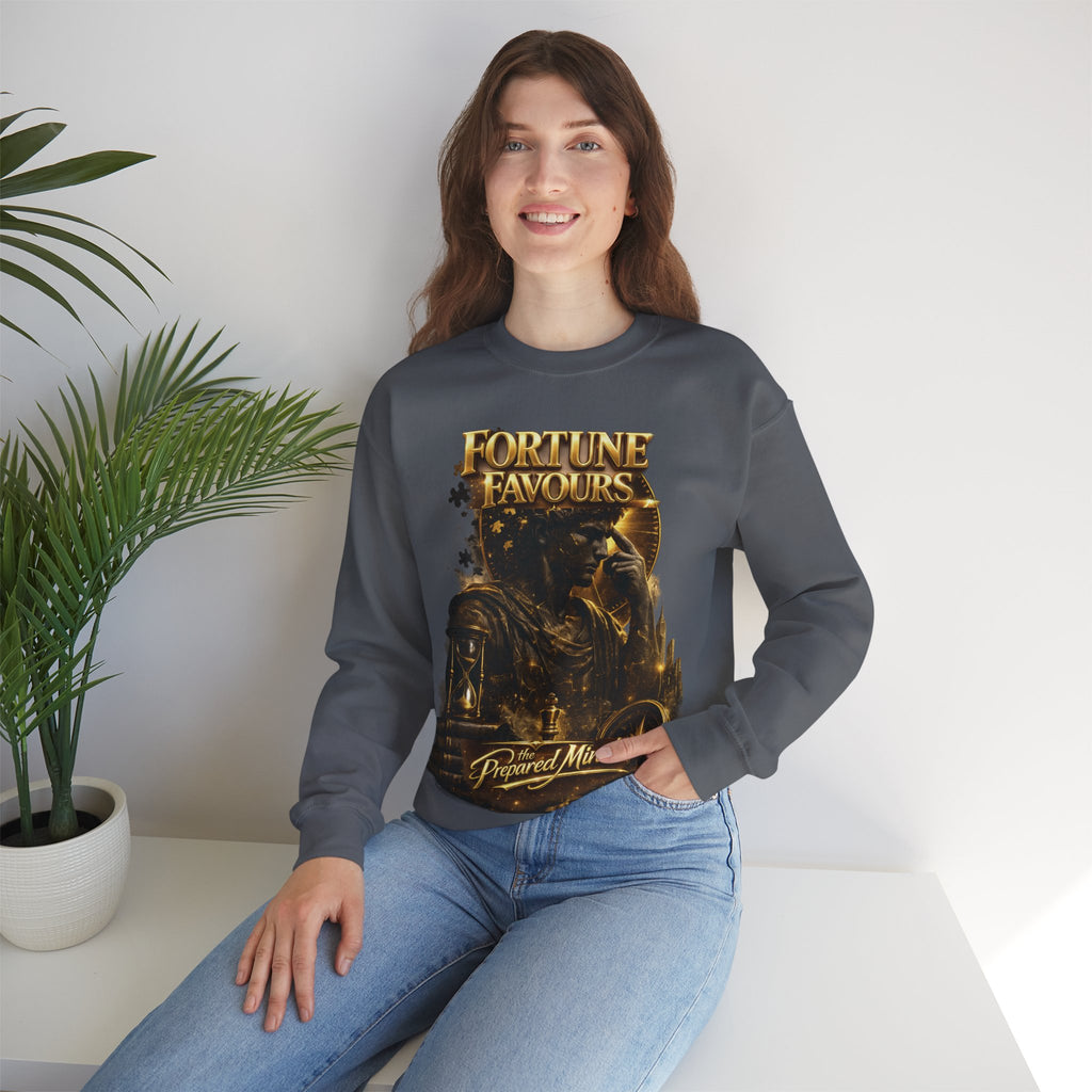 Crewneck Sweatshirt — "Fortune Favors the Prepared Mind" Motivational Design Printify
