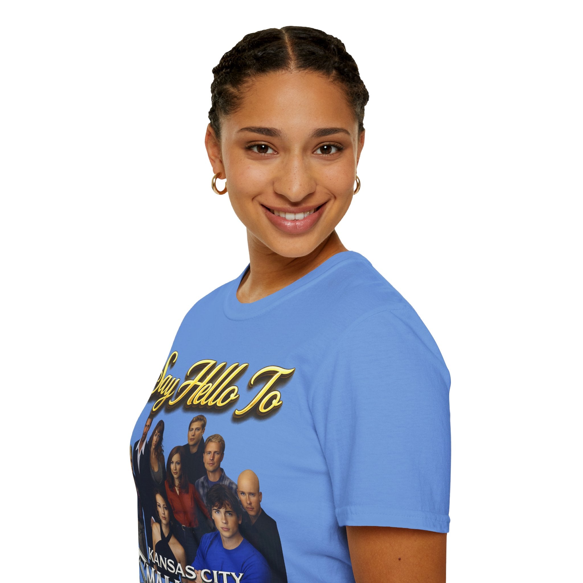 Smallville Cast T-Shirt – "Say Hello To" Kansas City Retro TV Logo Printify