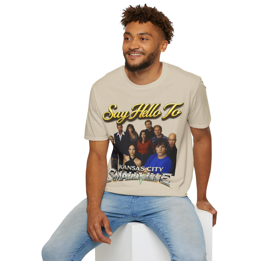 Smallville Cast T-Shirt – "Say Hello To" Kansas City Retro TV Logo Printify