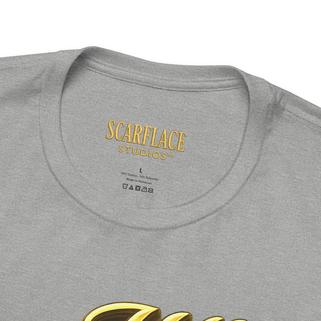 Horror Mask Split Face Tee — "Say Hello To Your Family and Friends" Graphic T-Shirt Printify