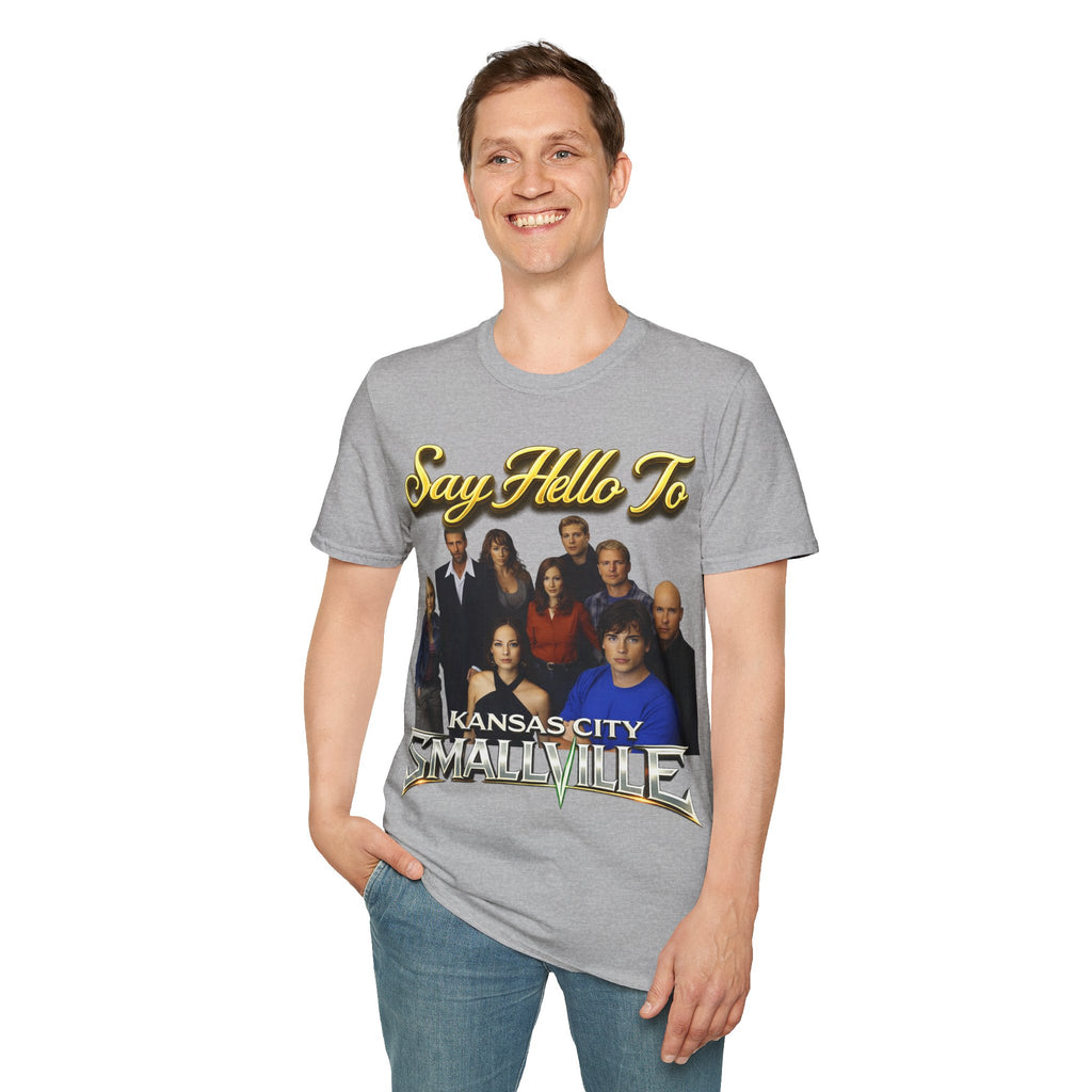 Smallville Cast T-Shirt – "Say Hello To" Kansas City Retro TV Logo Printify