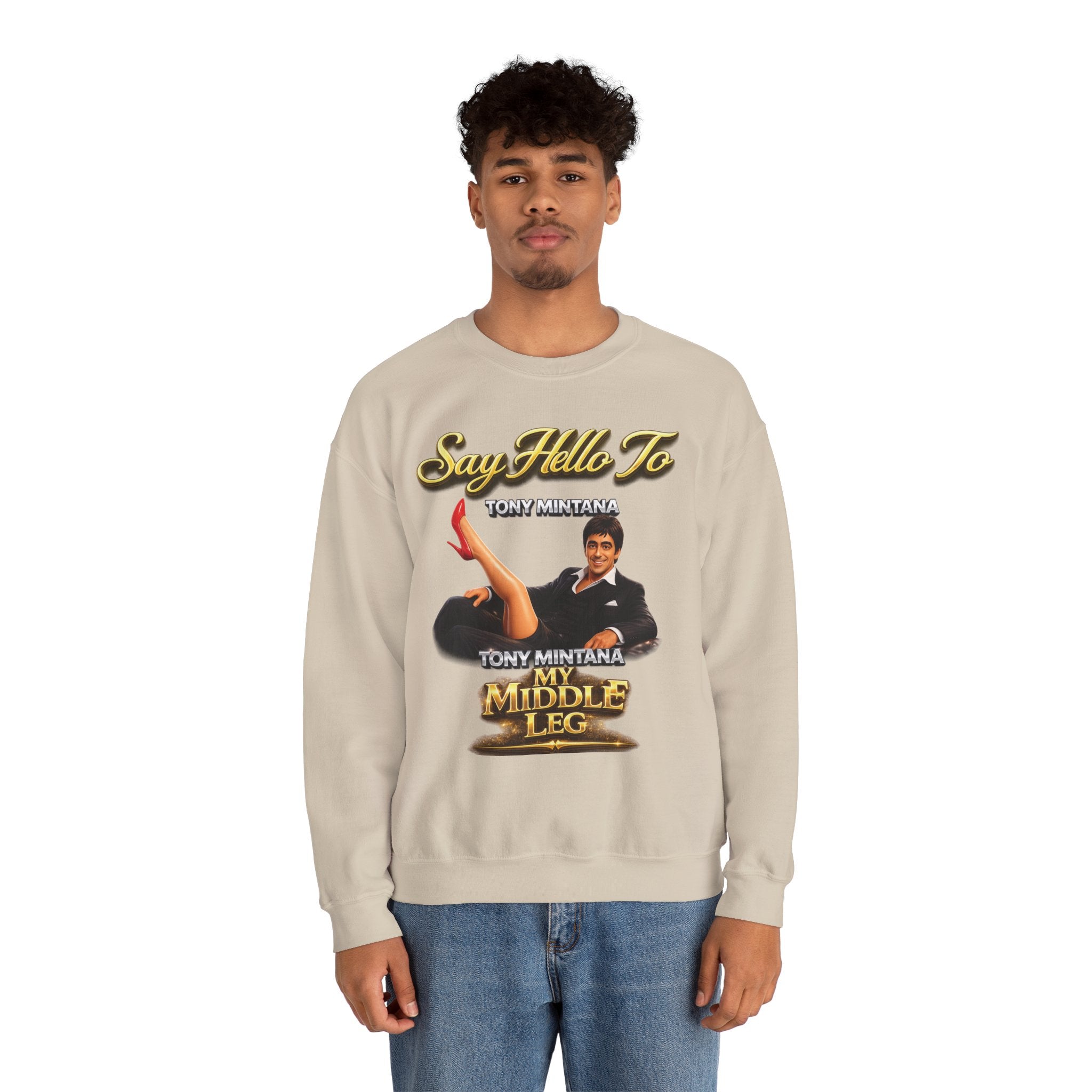 Scarface Parody Crewneck Sweatshirt — "Say Hello to My Middle Leg" Graphic Printify