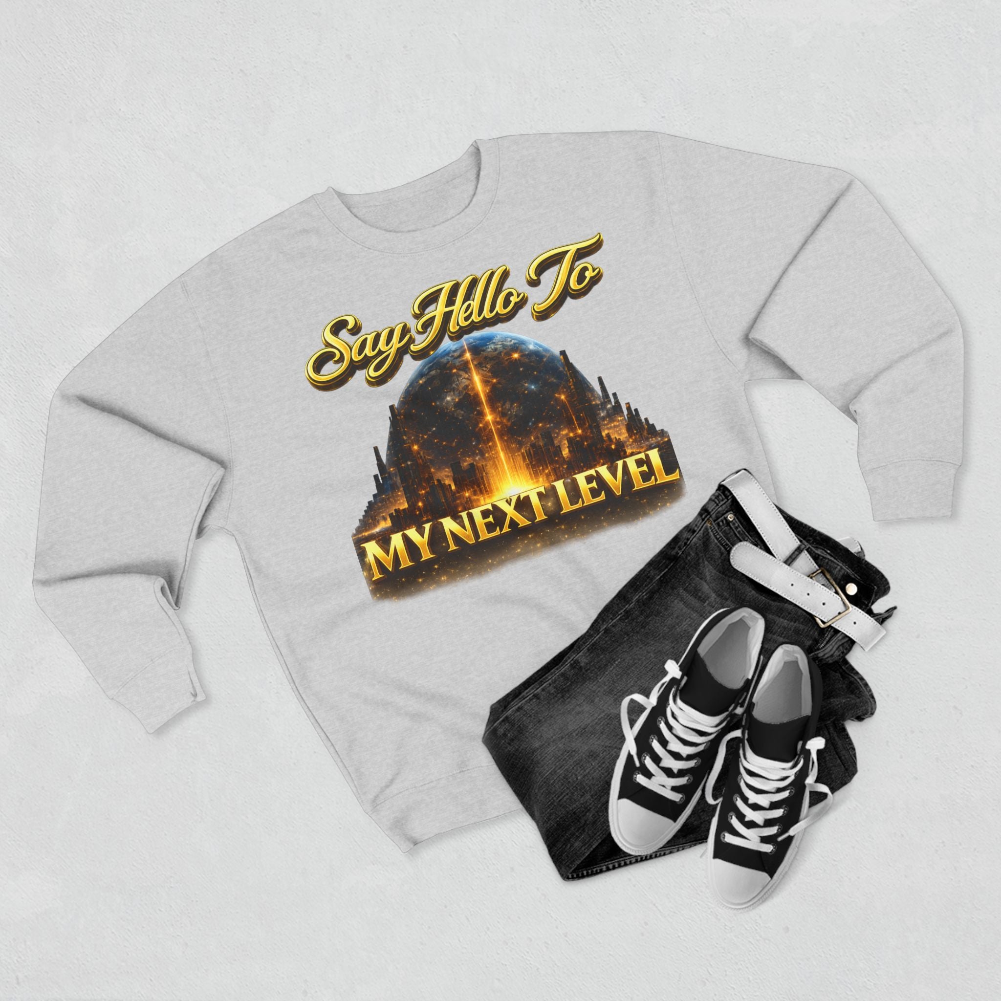 Crewneck Sweatshirt — "Say Hello to My Next Level" Golden Sci‑Fi City Graphic Printify