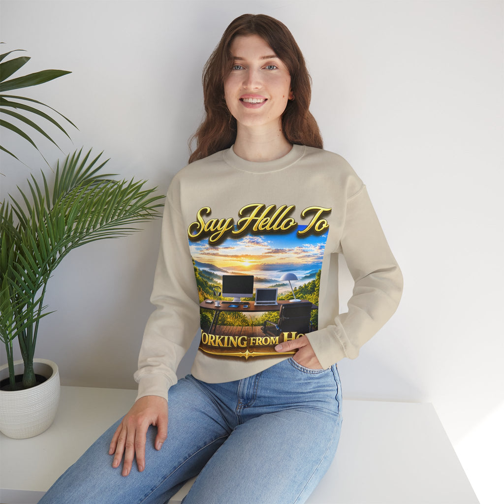 Working From Home Sweatshirt – "Say Hello To" Scenic Home Office Crewneck Printify