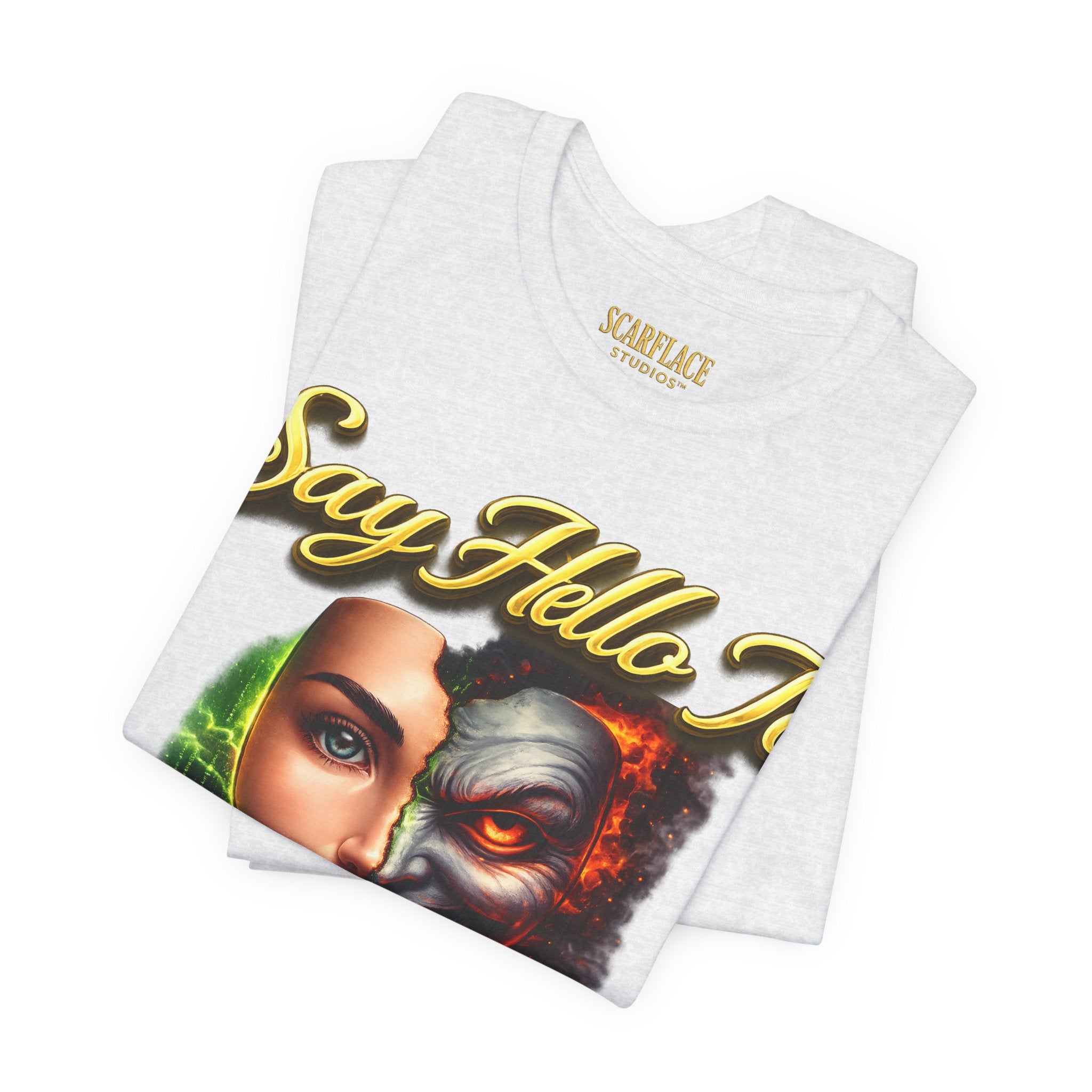 Horror Mask Split Face Tee — "Say Hello To Your Family and Friends" Graphic T-Shirt Printify