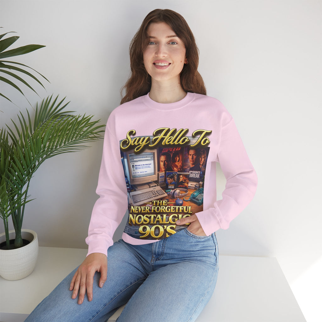 90s Nostalgia Crewneck Sweatshirt – "Say Hello To The Never Forgetful Nostalgic 90's" Printify