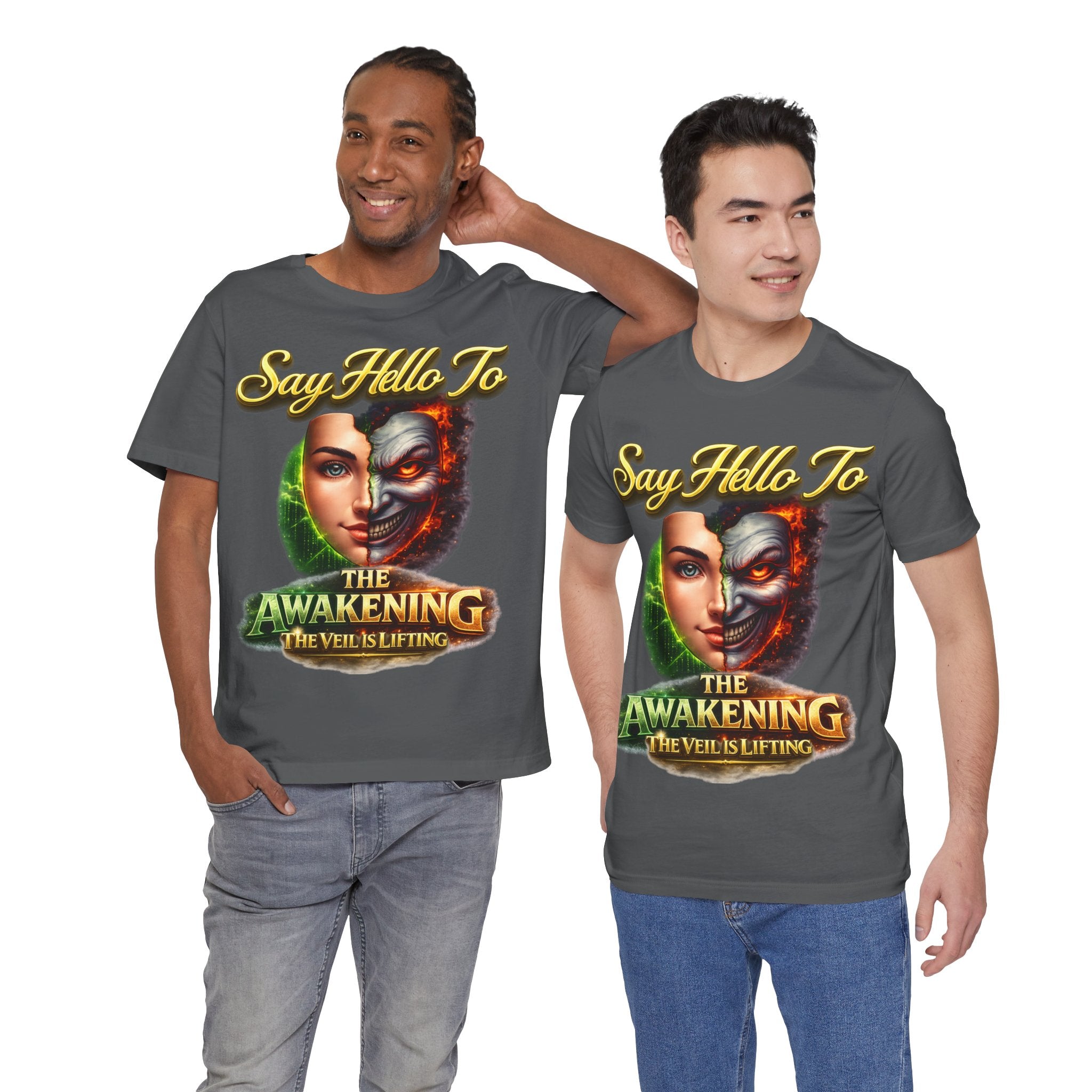 Horror Mask Split Face Tee — "Say Hello To Your Family and Friends" Graphic T-Shirt Printify