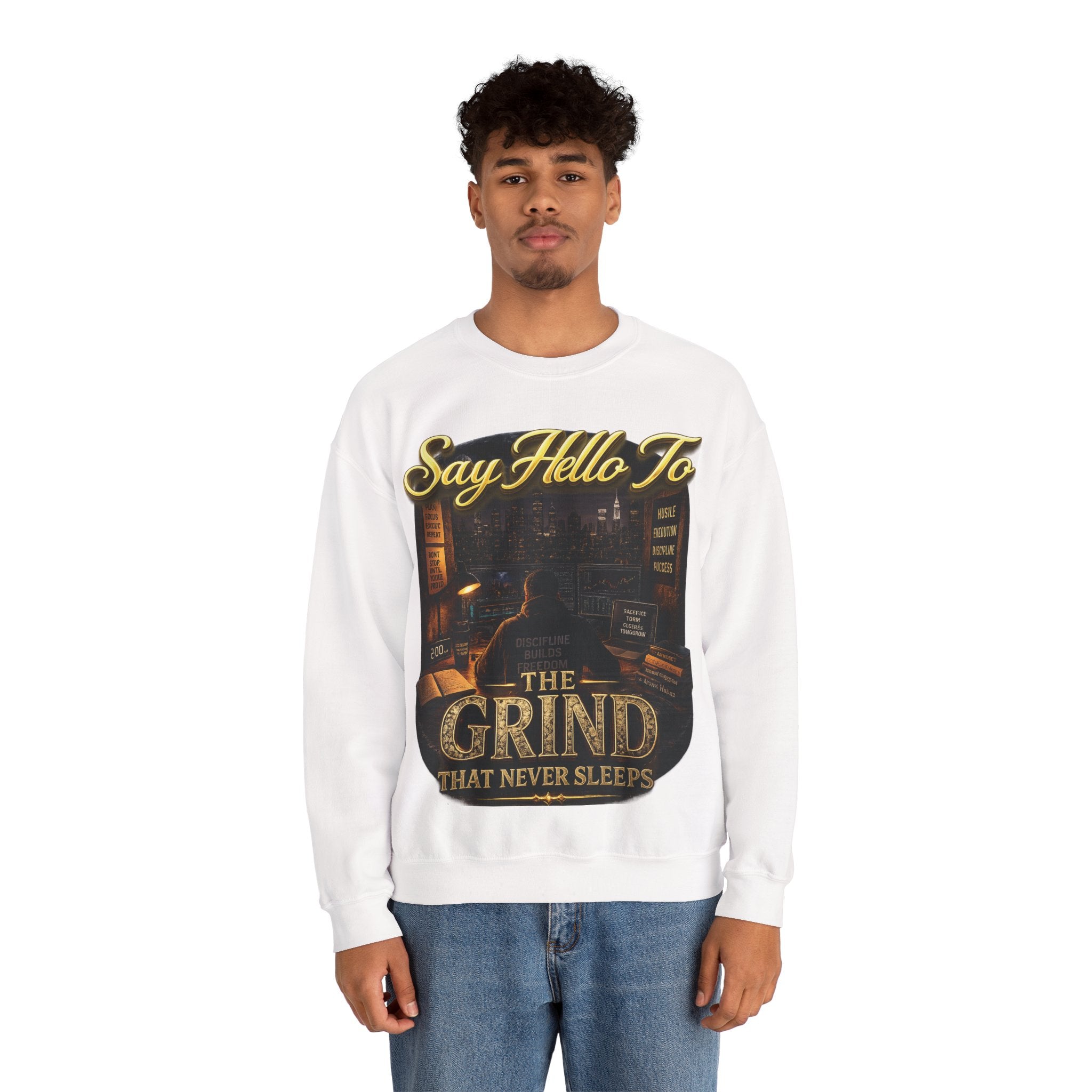 The Grind That Never Sleeps Crewneck Sweatshirt — Motivational Hustle Sweatshirt Printify