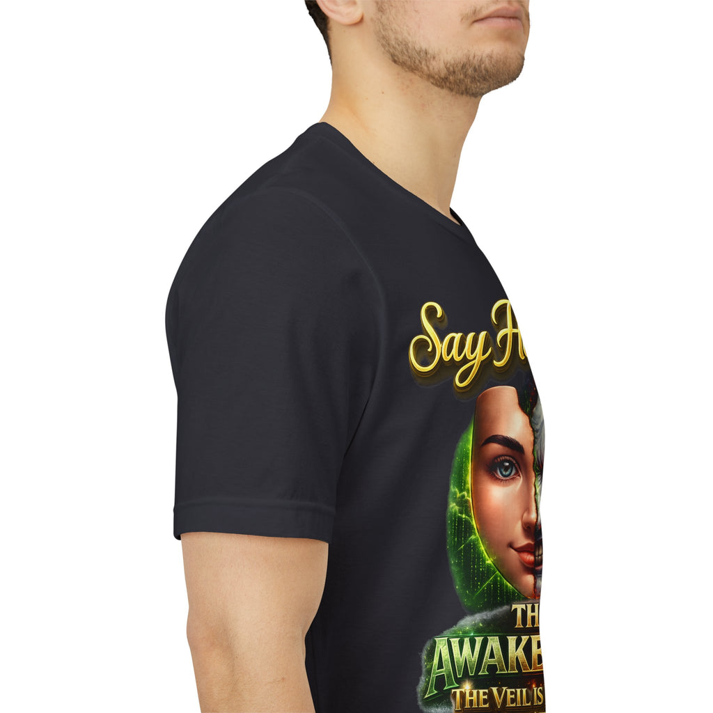 Horror Mask Split Face Tee — "Say Hello To Your Family and Friends" Graphic T-Shirt Printify