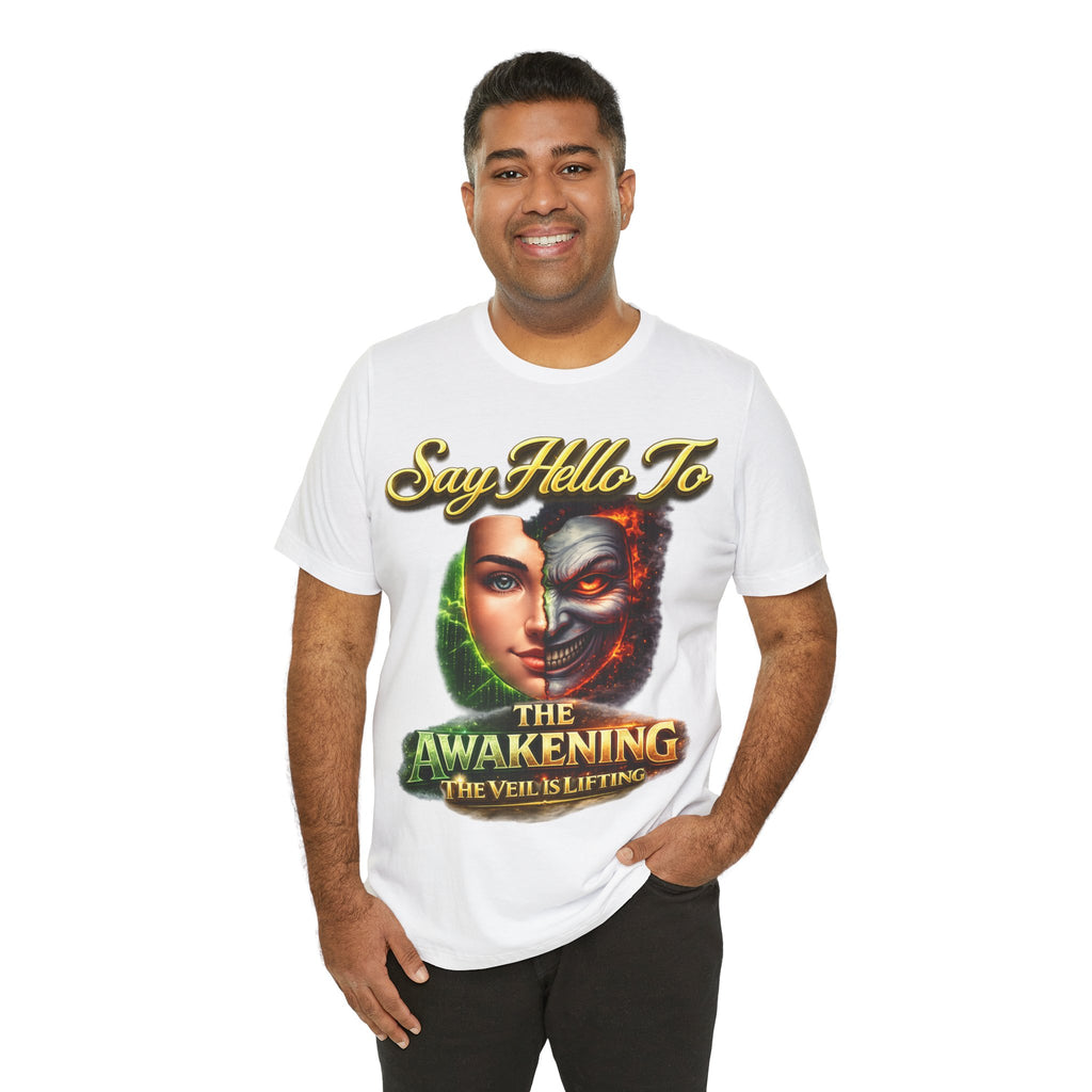 Horror Mask Split Face Tee — "Say Hello To Your Family and Friends" Graphic T-Shirt Printify
