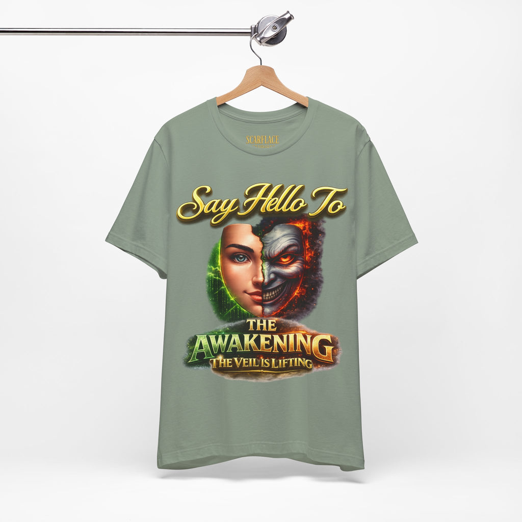 Horror Mask Split Face Tee — "Say Hello To Your Family and Friends" Graphic T-Shirt Printify