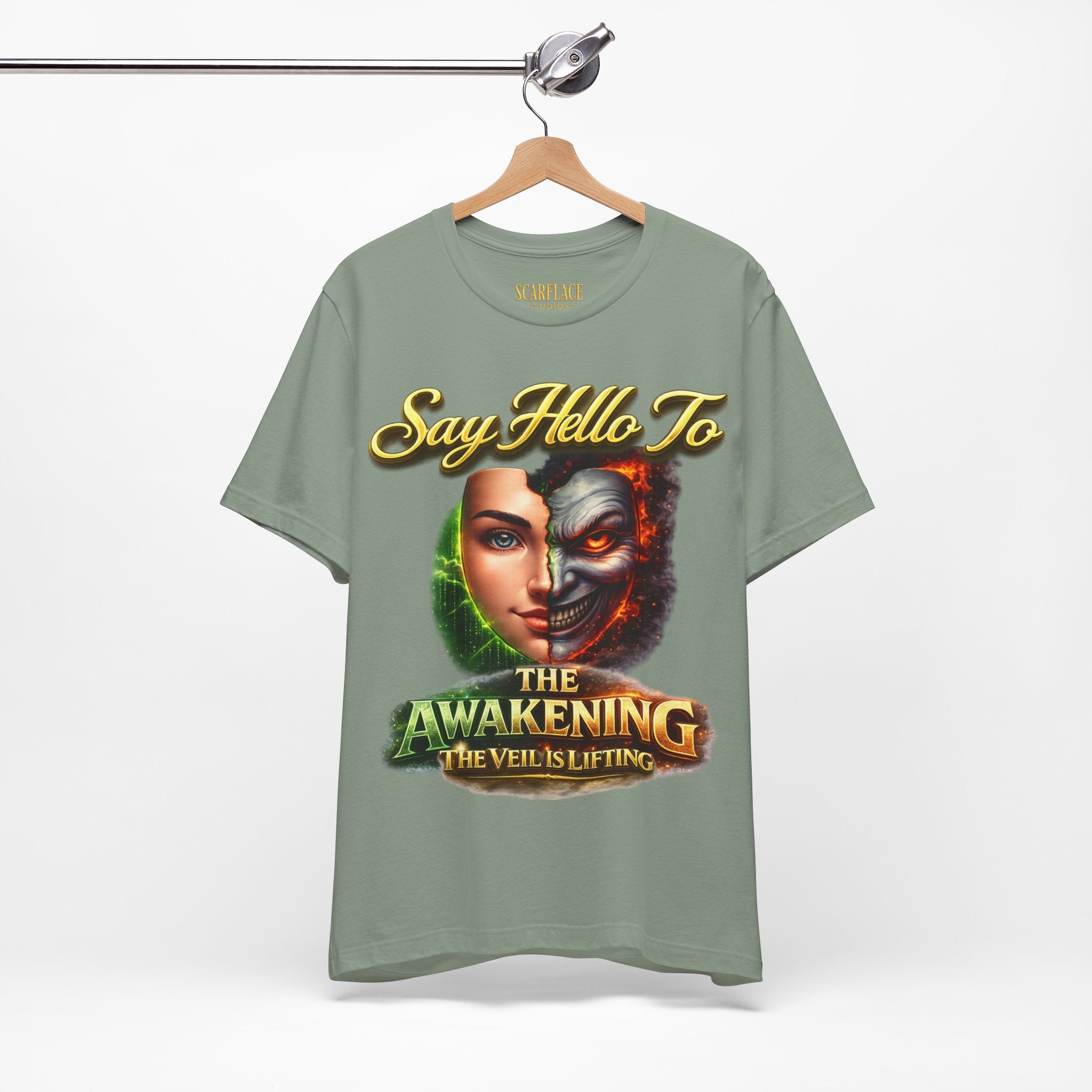 Horror Mask Split Face Tee — "Say Hello To Your Family and Friends" Graphic T-Shirt Printify
