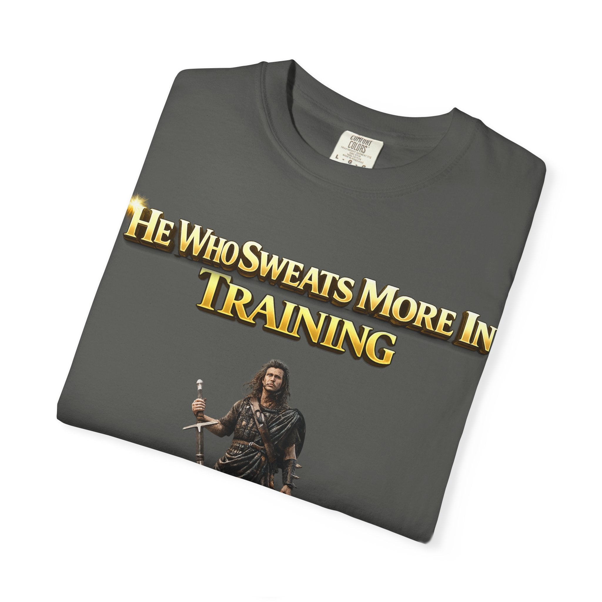Training Warrior T-Shirt — "He Who Sweats More in Training Bleeds Less in Battle" Printify