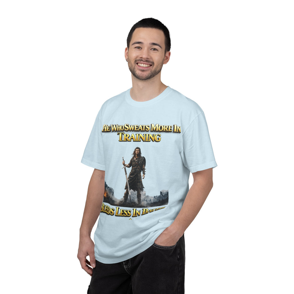 Training Warrior T-Shirt — "He Who Sweats More in Training Bleeds Less in Battle" Printify