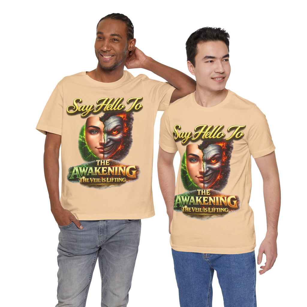 Horror Mask Split Face Tee — "Say Hello To Your Family and Friends" Graphic T-Shirt Printify