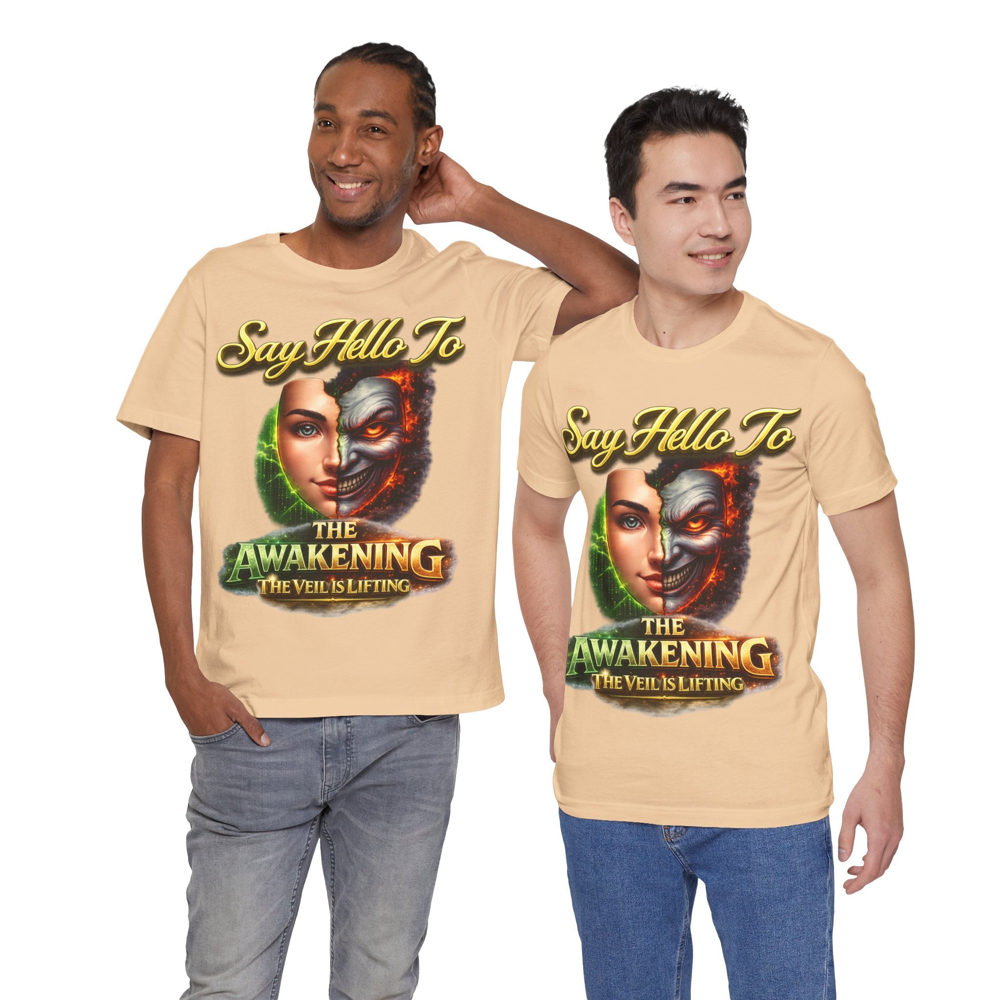 Horror Mask Split Face Tee — "Say Hello To Your Family and Friends" Graphic T-Shirt Printify