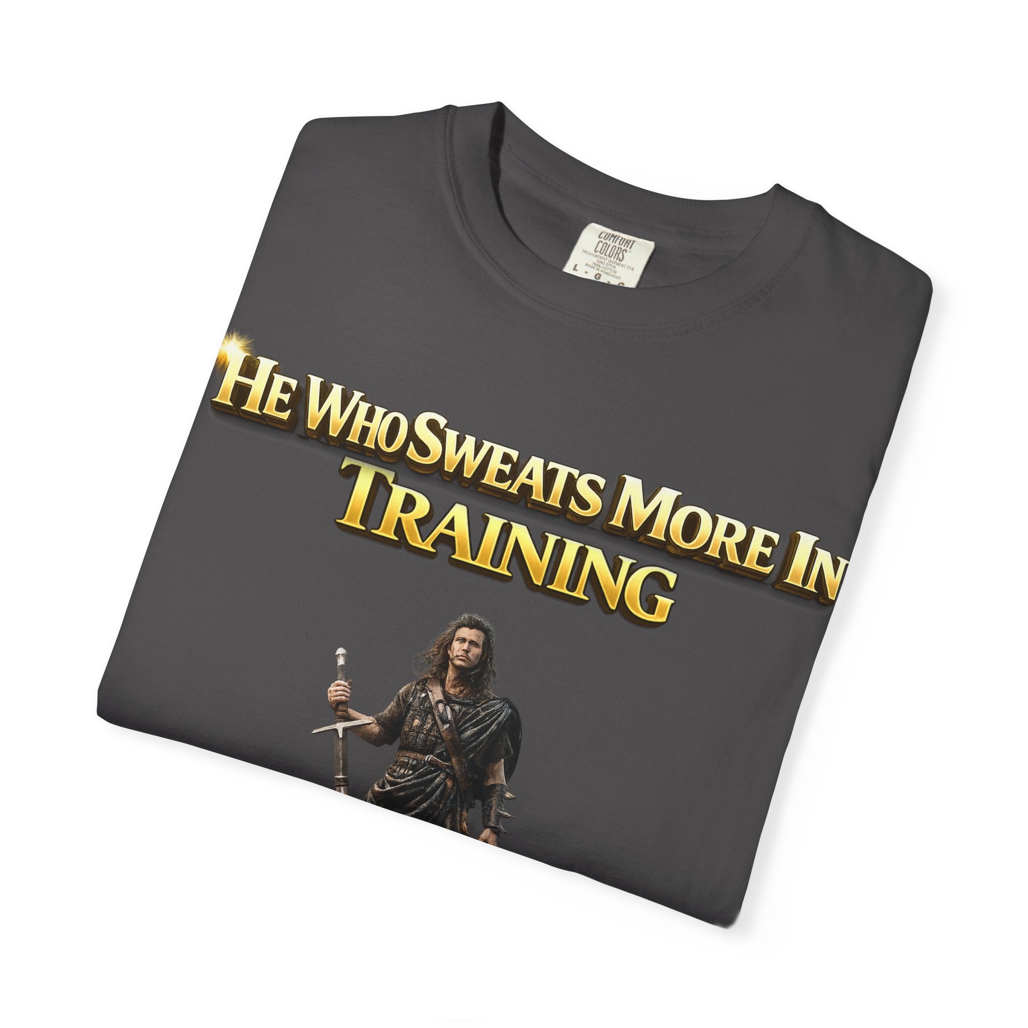Training Warrior T-Shirt — "He Who Sweats More in Training Bleeds Less in Battle" Printify