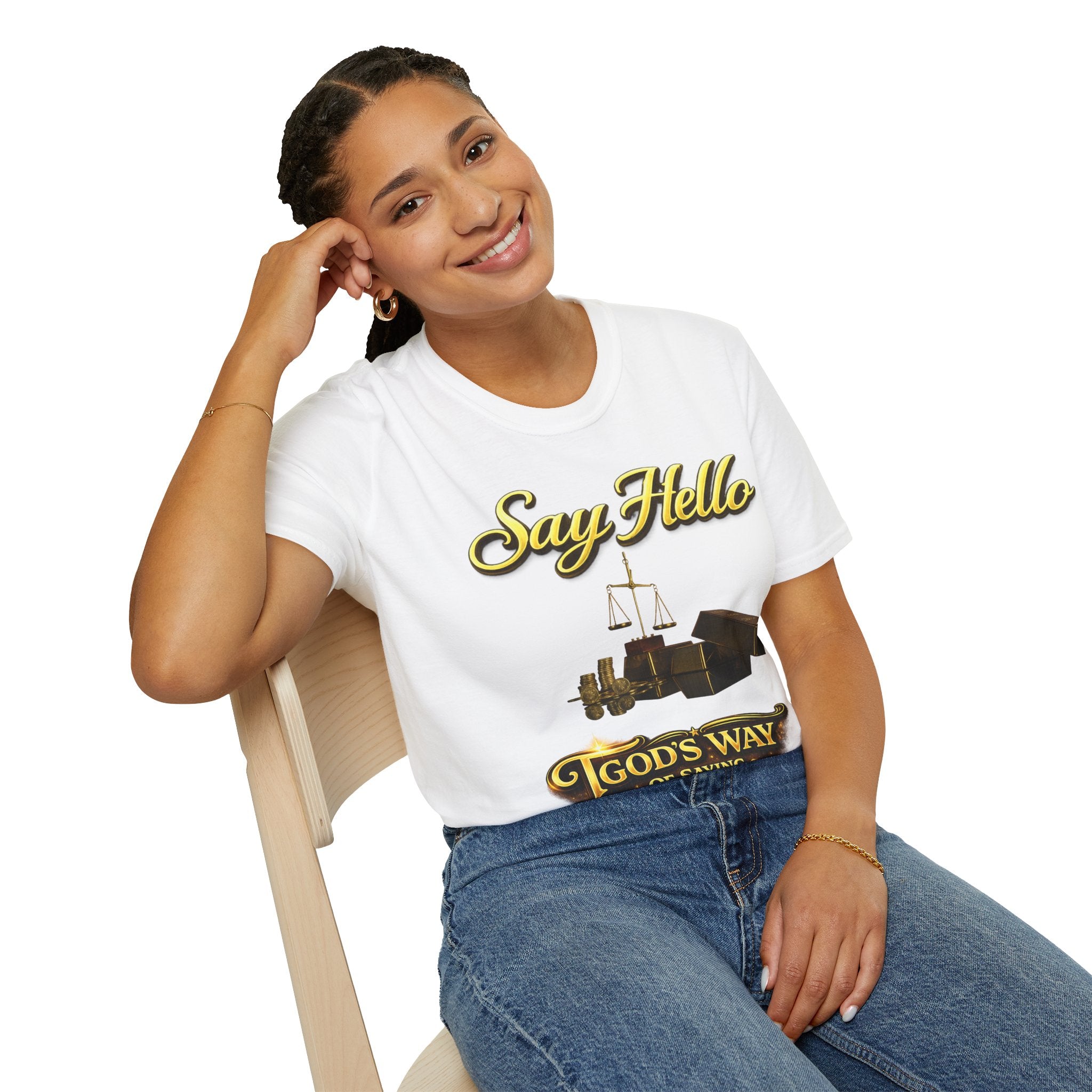 T-Shirt — "Say Hello" Money & Faith Graphic Tee (God's Way You Make Too Much Money) Printify