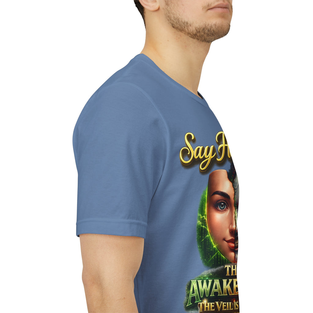 Horror Mask Split Face Tee — "Say Hello To Your Family and Friends" Graphic T-Shirt Printify