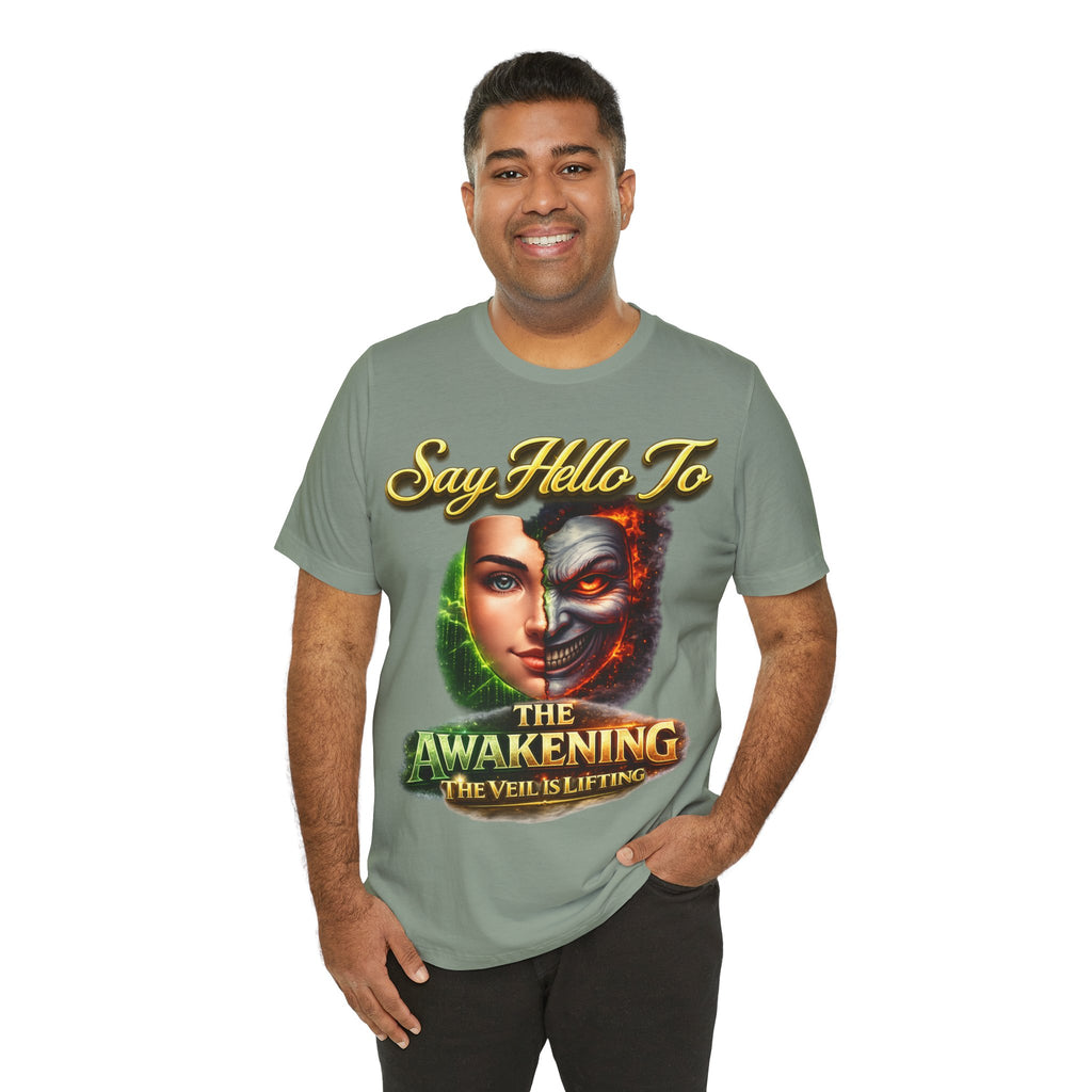 Horror Mask Split Face Tee — "Say Hello To Your Family and Friends" Graphic T-Shirt Printify
