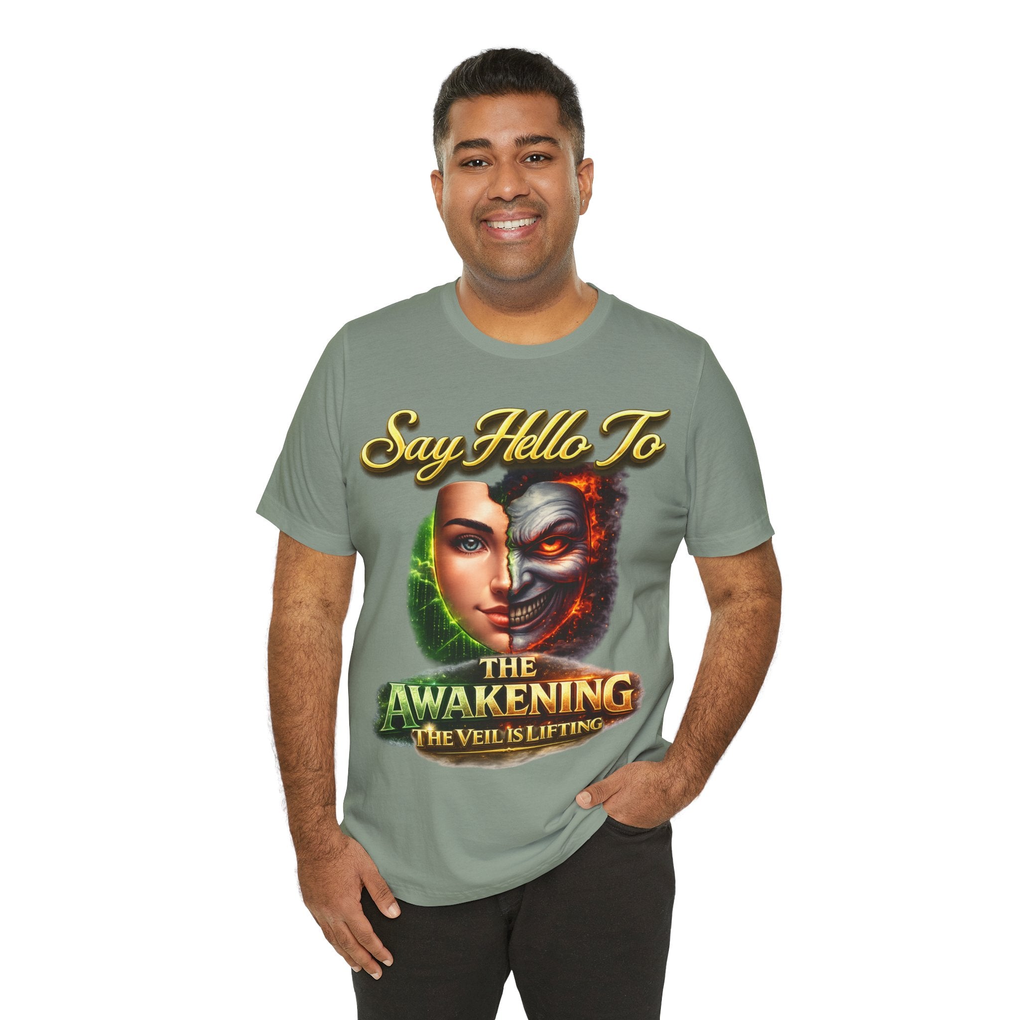 Horror Mask Split Face Tee — "Say Hello To Your Family and Friends" Graphic T-Shirt Printify