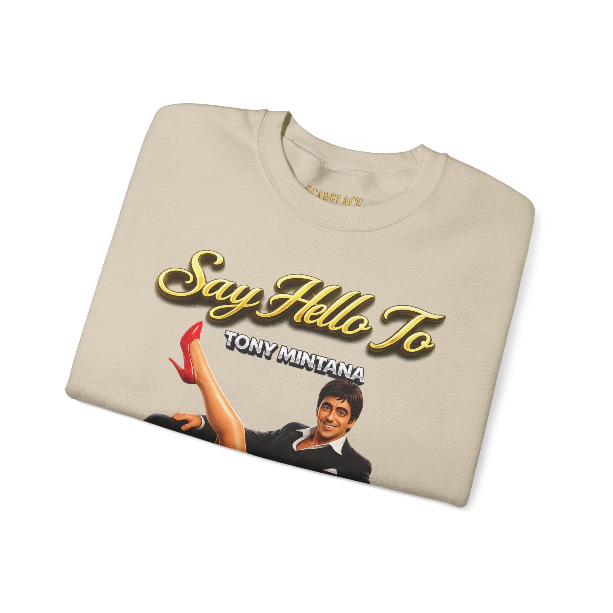 Scarface Parody Crewneck Sweatshirt — "Say Hello to My Middle Leg" Graphic Printify