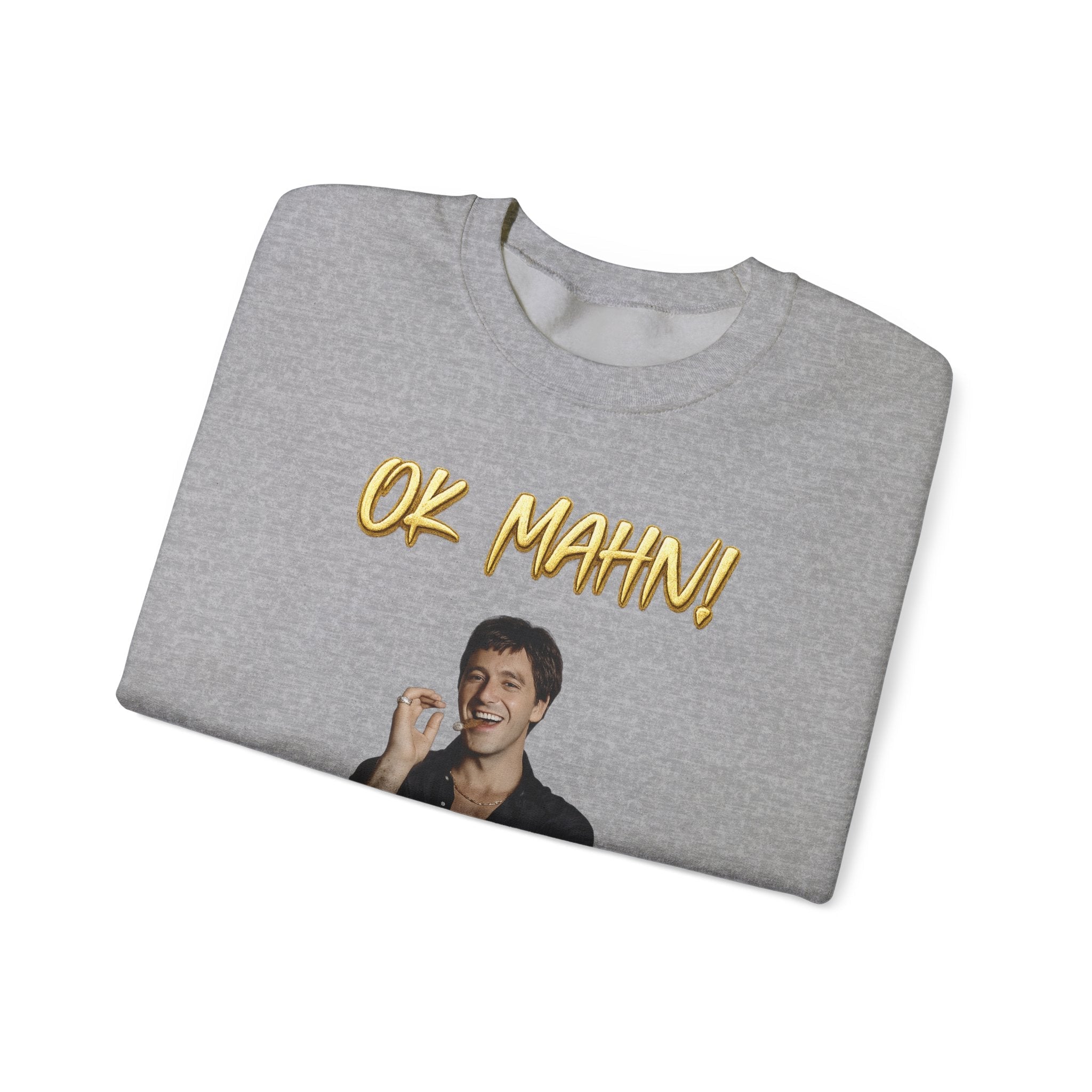 Crewneck Sweatshirt — 'Ok Mahn!' Gold Script Minimalist Streetwear Printify