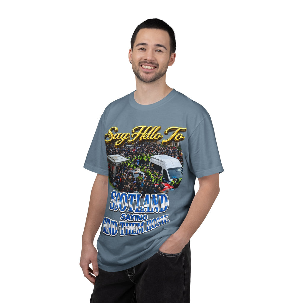 Graphic T-Shirt — "Say Hello to Scotland: Send Them Home" Protest Design Printify