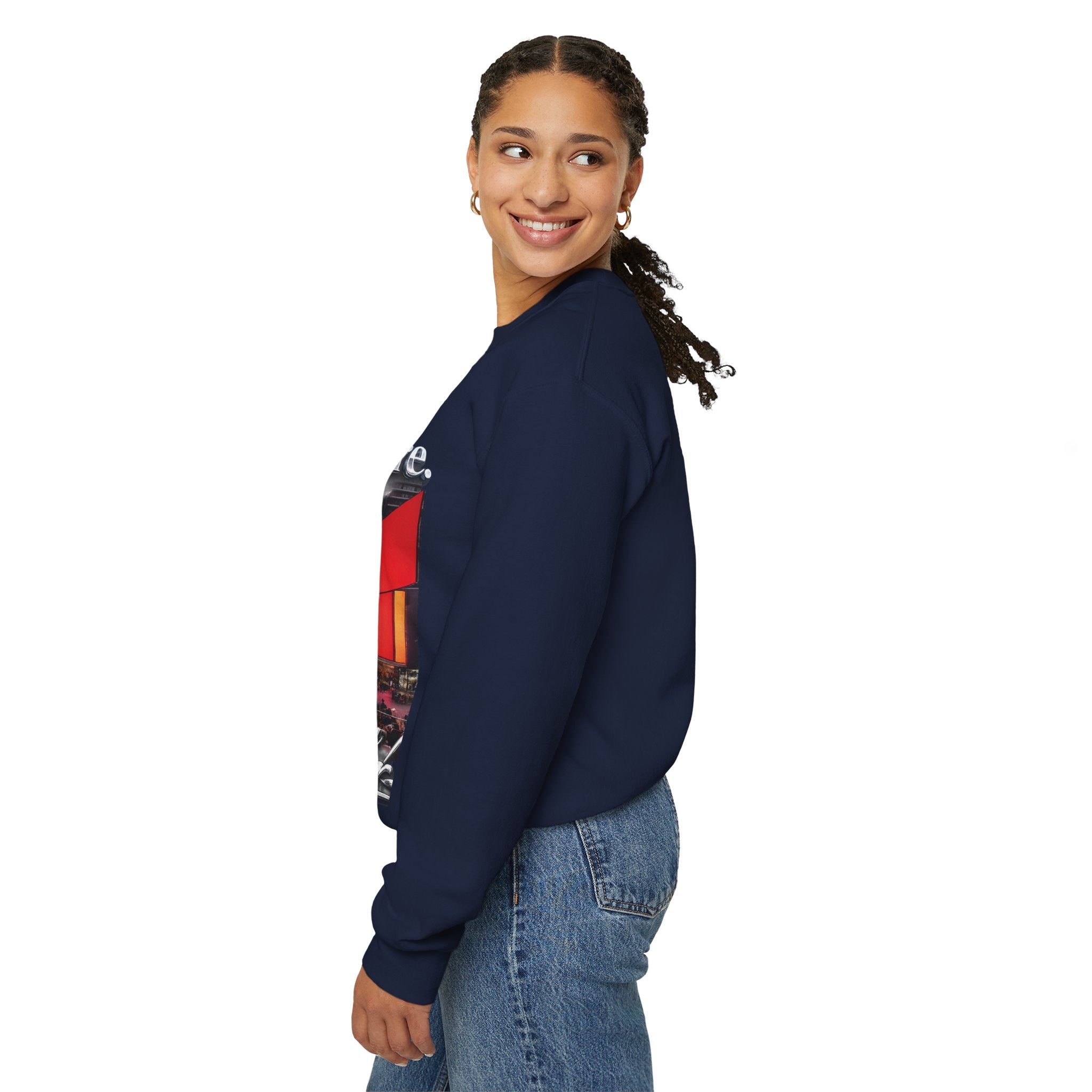 Crewneck Sweatshirt — Times Square Photo with Motivational Script “Nothing Out Here Helps You… That’s What Makes You Stronger” Printify