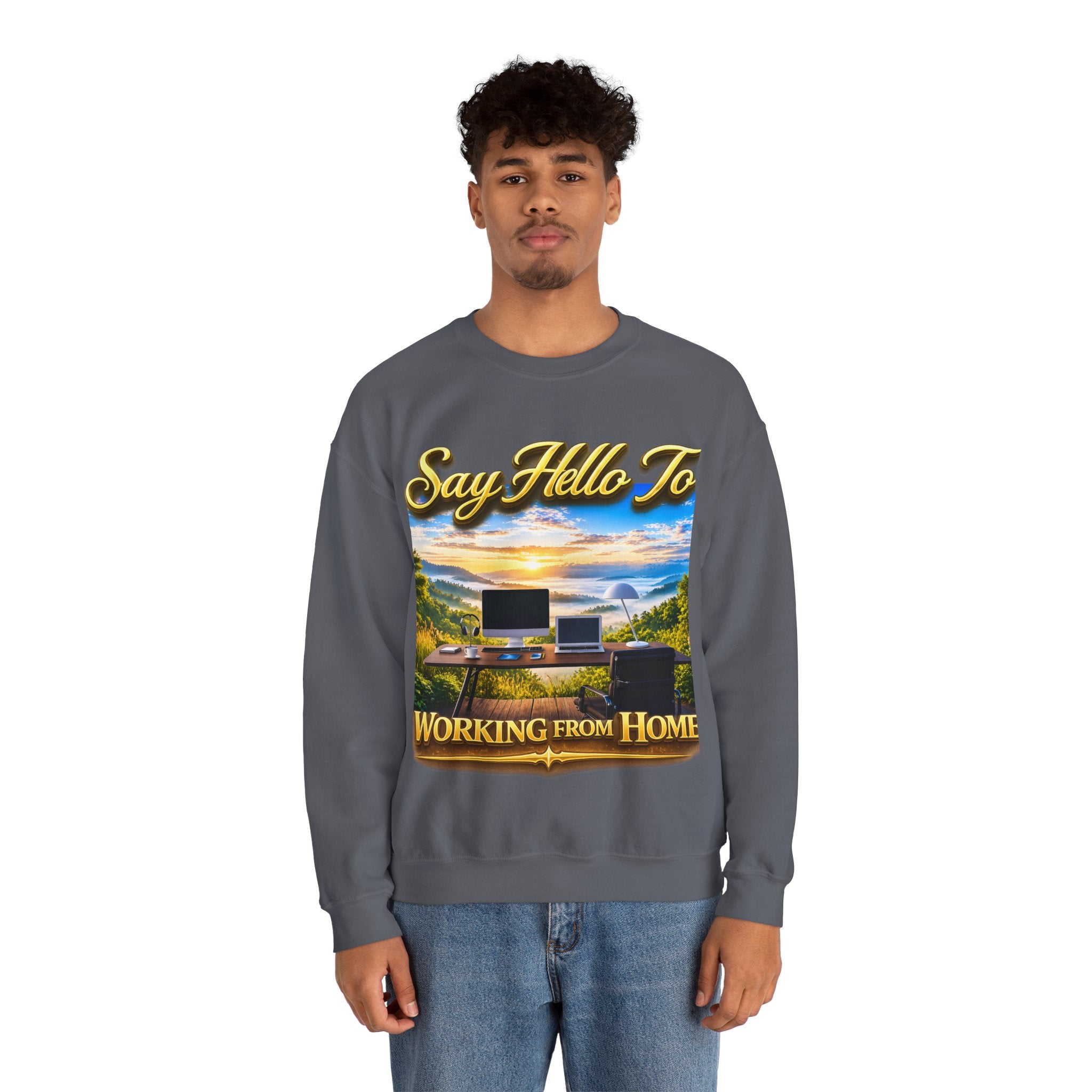 Working From Home Sweatshirt – "Say Hello To" Scenic Home Office Crewneck Printify