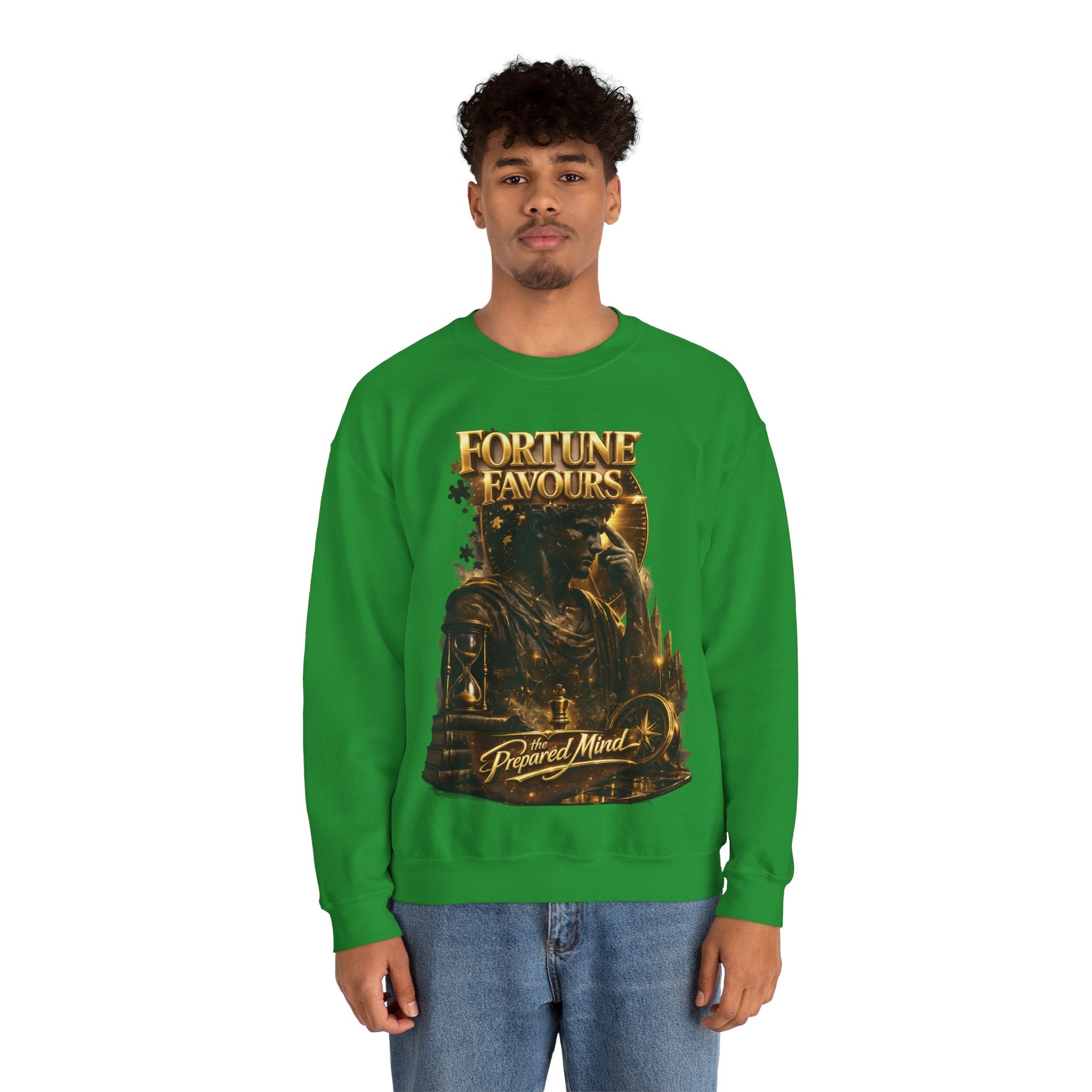 Crewneck Sweatshirt — "Fortune Favors the Prepared Mind" Motivational Design Printify