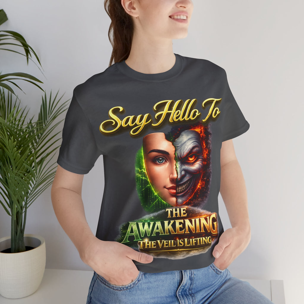 Horror Mask Split Face Tee — "Say Hello To Your Family and Friends" Graphic T-Shirt Printify