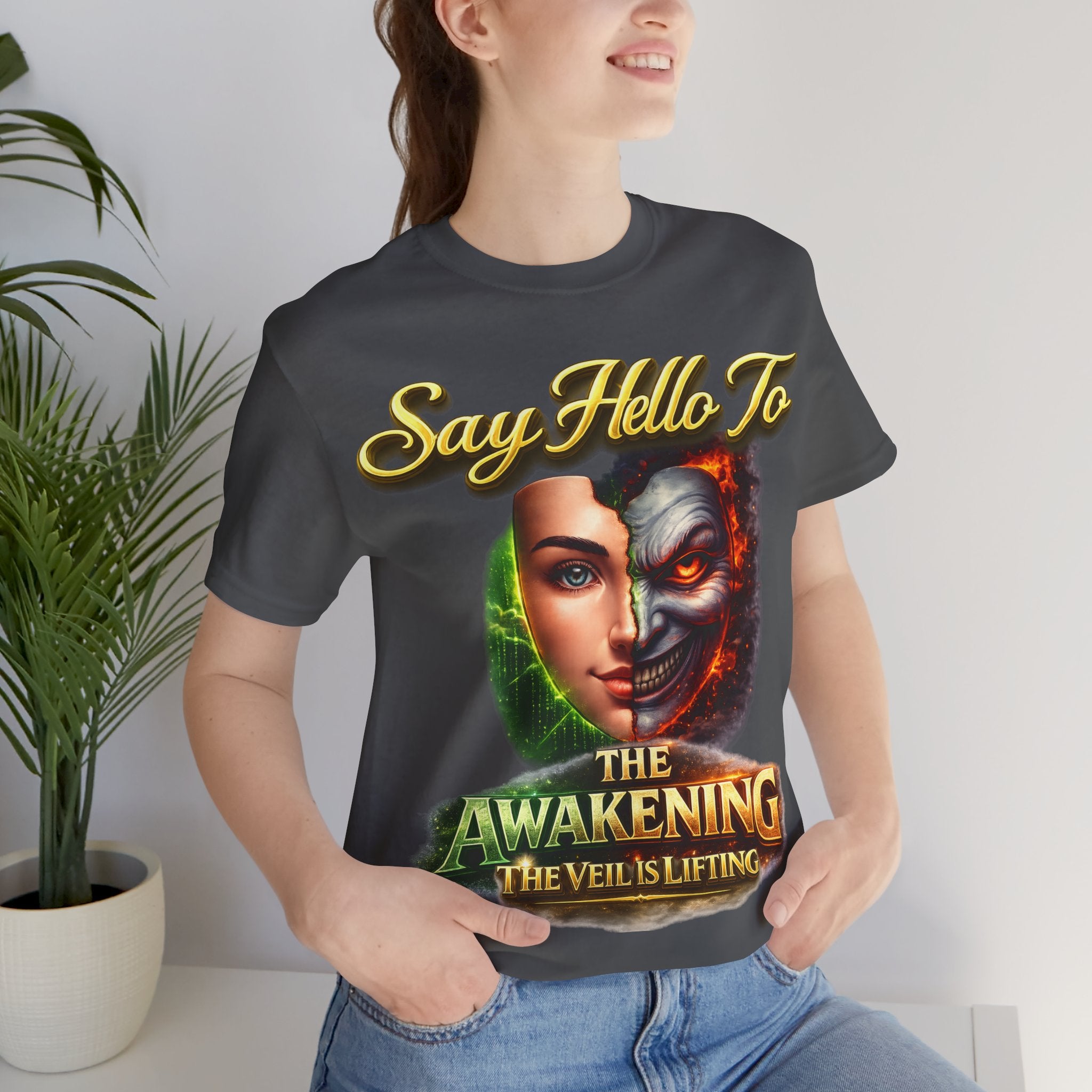 Horror Mask Split Face Tee — "Say Hello To Your Family and Friends" Graphic T-Shirt Printify