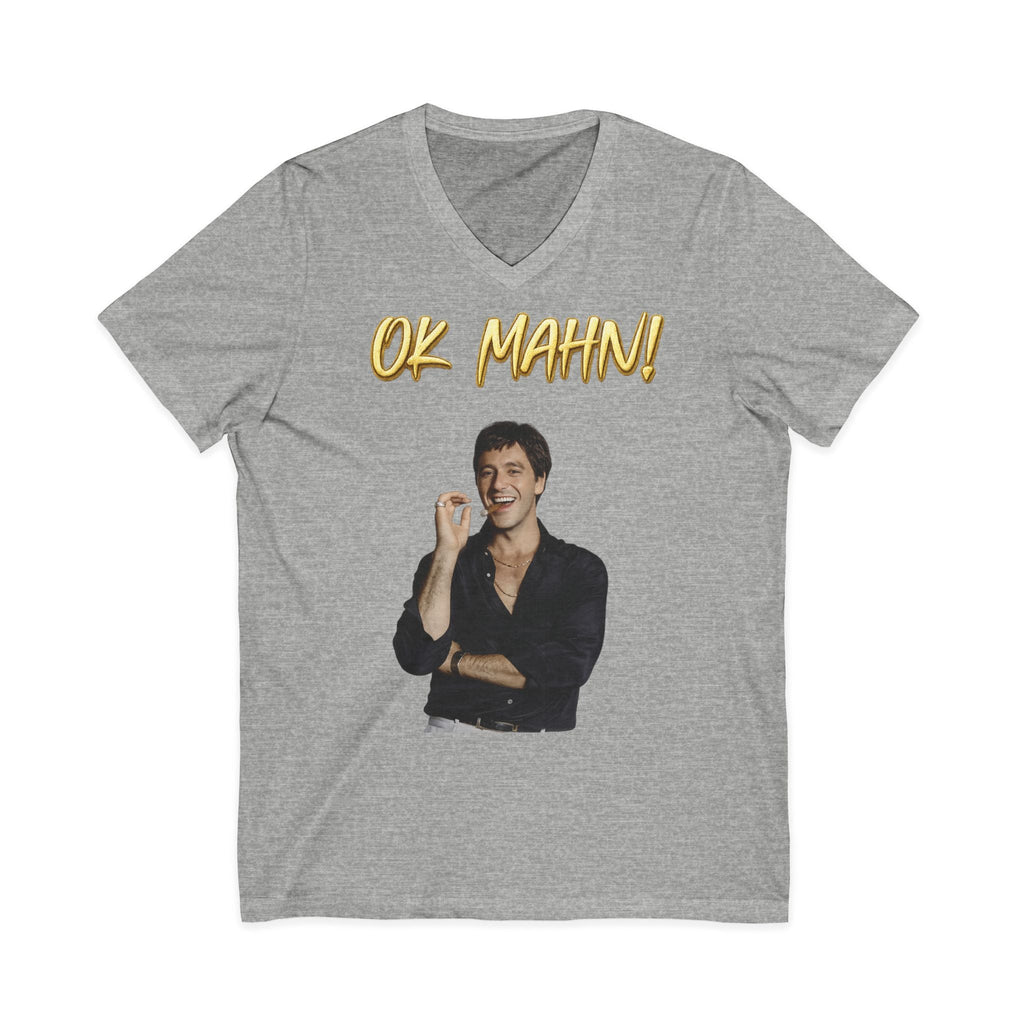 OK Mahn! V-Neck Tee — Vintage Laugh Meme T-Shirt Scarflace Studios Printify