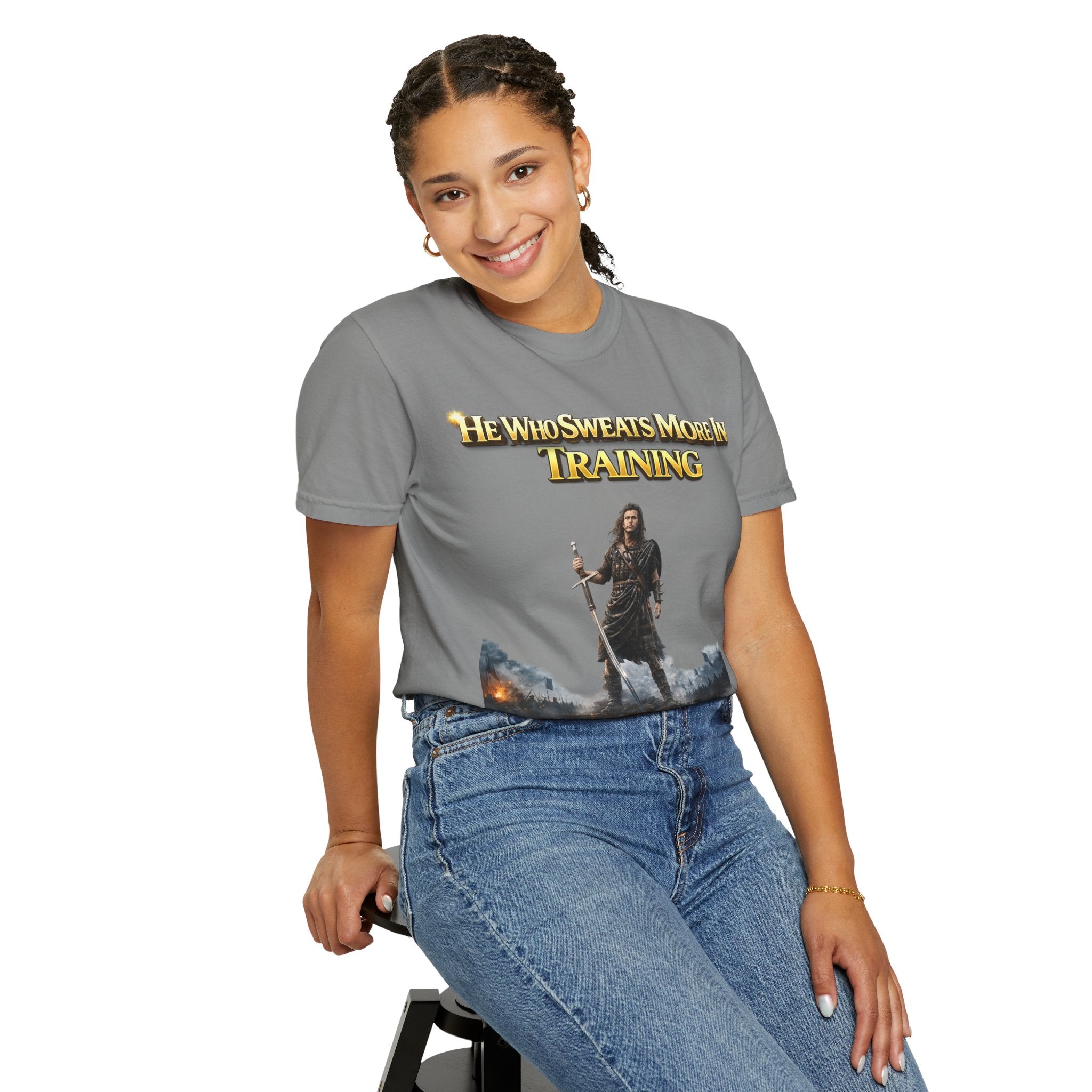 Training Warrior T-Shirt — "He Who Sweats More in Training Bleeds Less in Battle" Printify