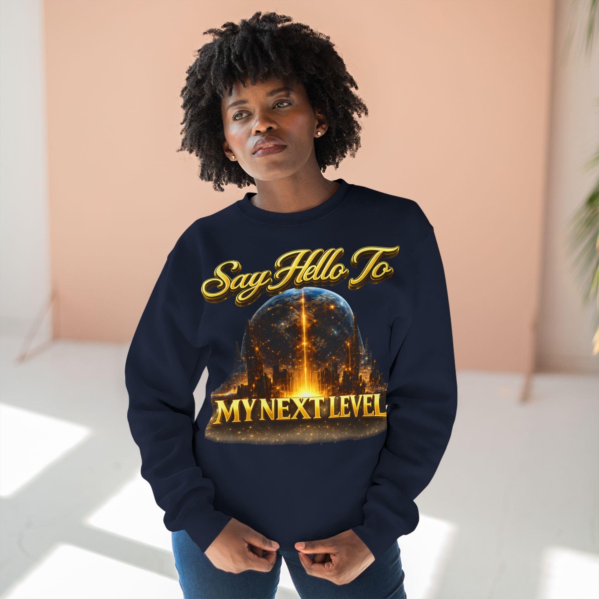 Crewneck Sweatshirt — "Say Hello to My Next Level" Golden Sci‑Fi City Graphic Printify