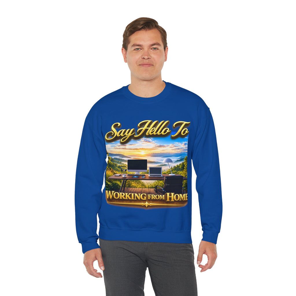 Working From Home Sweatshirt – "Say Hello To" Scenic Home Office Crewneck Printify