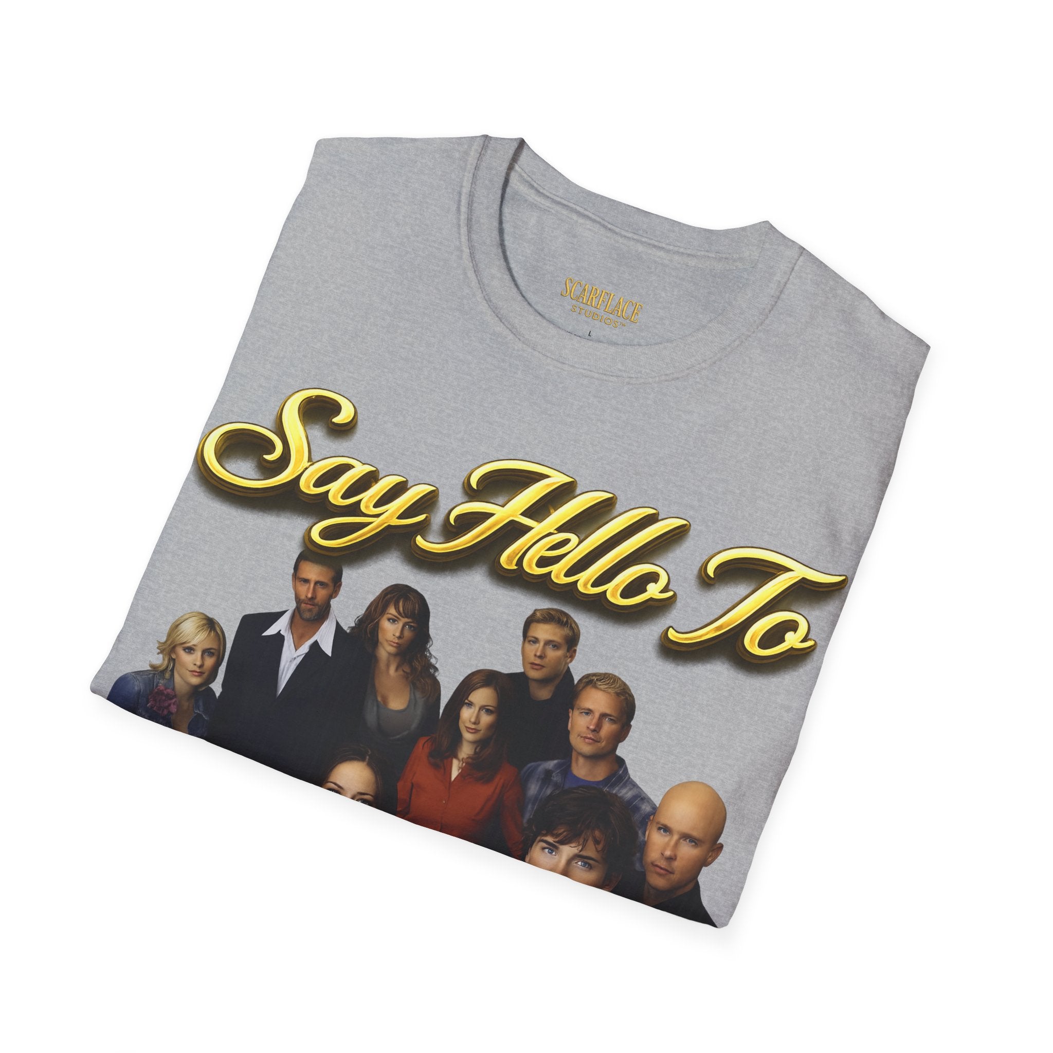 Smallville Cast T-Shirt – "Say Hello To" Kansas City Retro TV Logo Printify