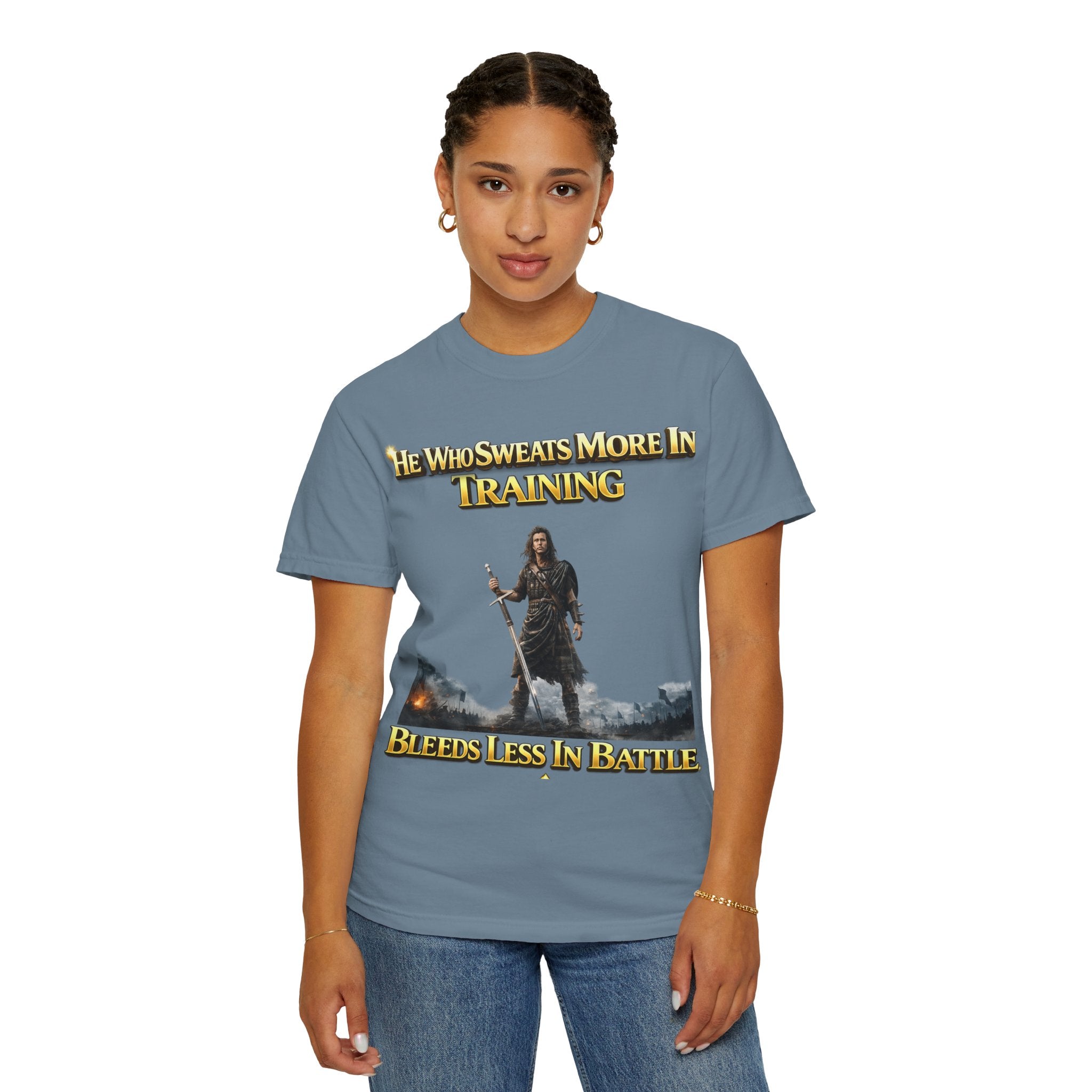 Training Warrior T-Shirt — "He Who Sweats More in Training Bleeds Less in Battle" Printify