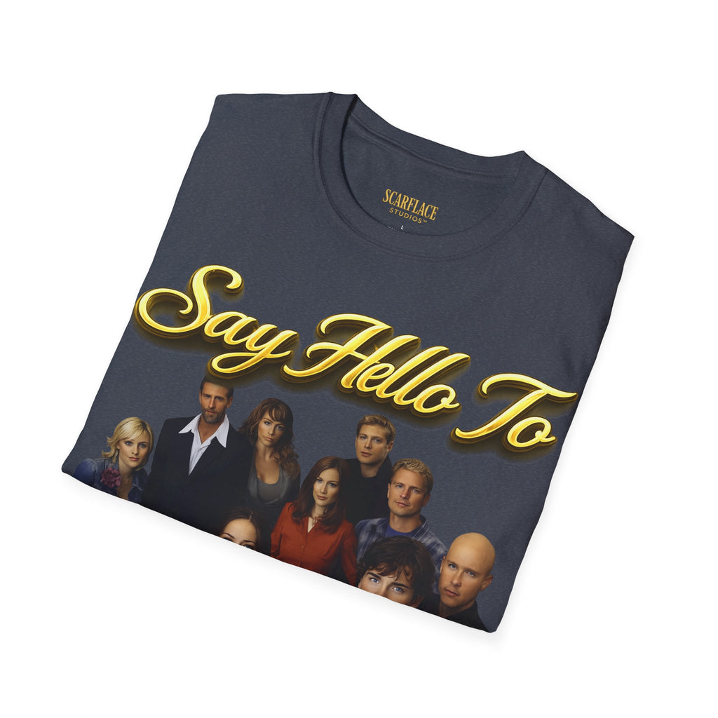 Smallville Cast T-Shirt – "Say Hello To" Kansas City Retro TV Logo Printify