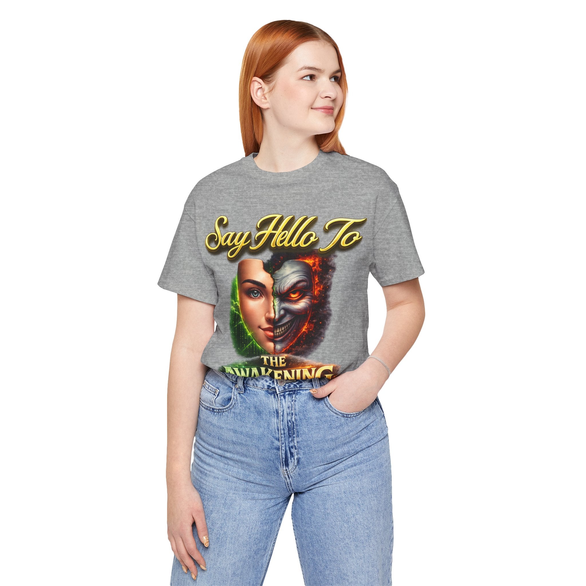 Horror Mask Split Face Tee — "Say Hello To Your Family and Friends" Graphic T-Shirt Printify