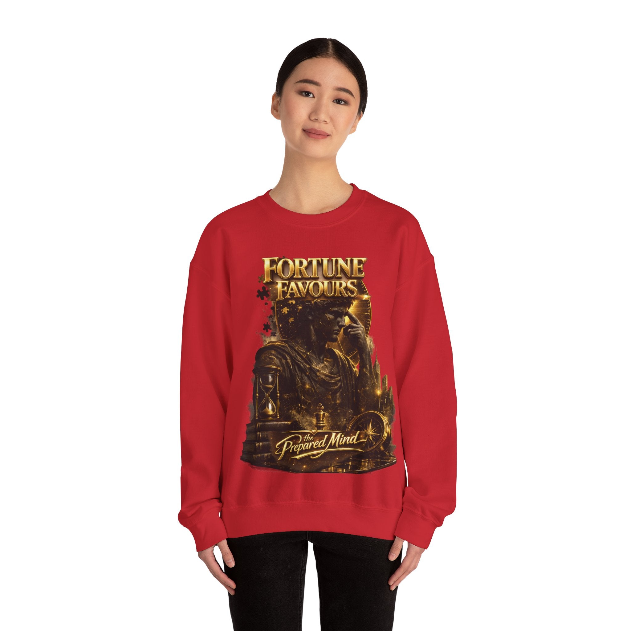 Crewneck Sweatshirt — "Fortune Favors the Prepared Mind" Motivational Design Printify