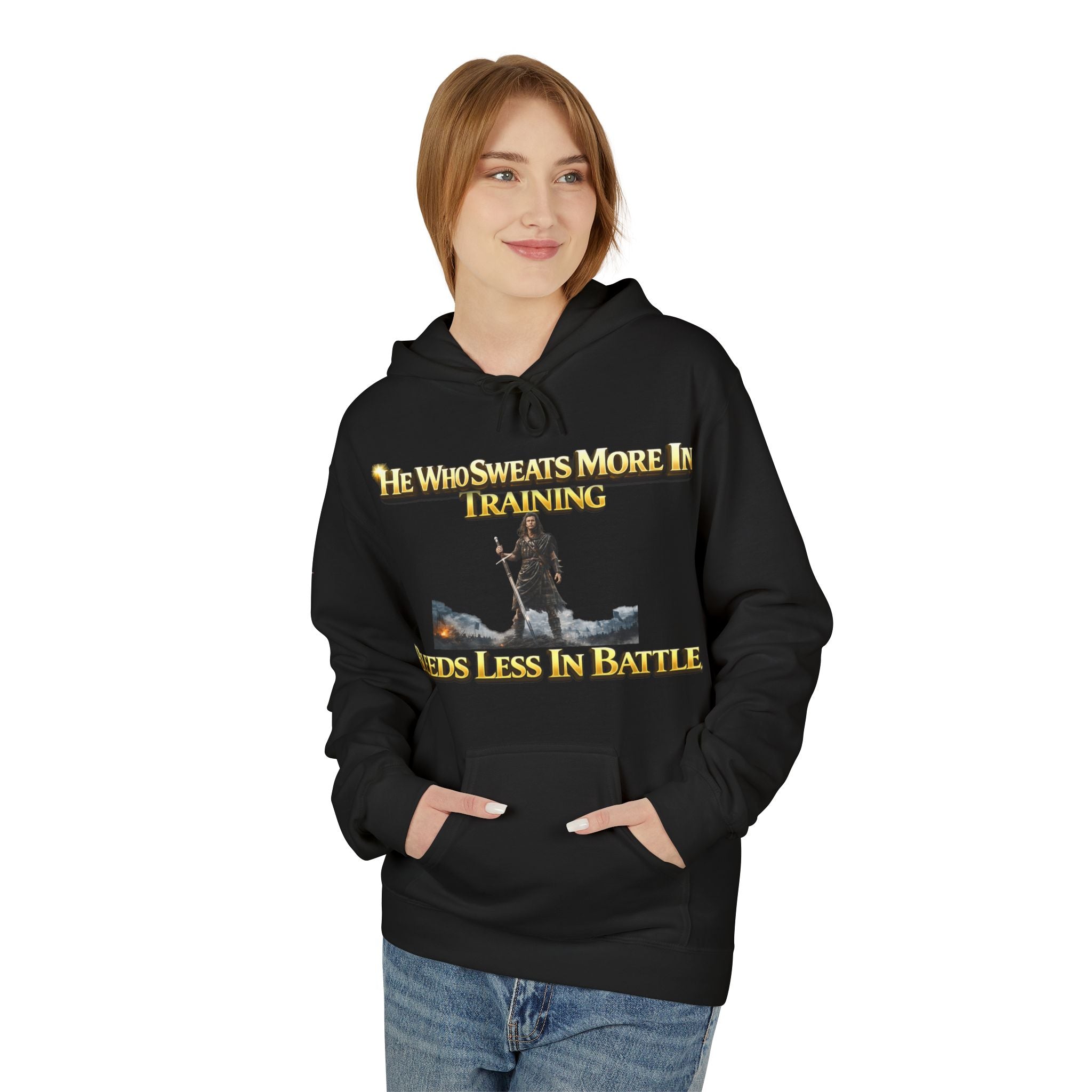 Warrior Training Hoodie — "He Who Sweats More in Training Bleeds Less in Battle" Printify
