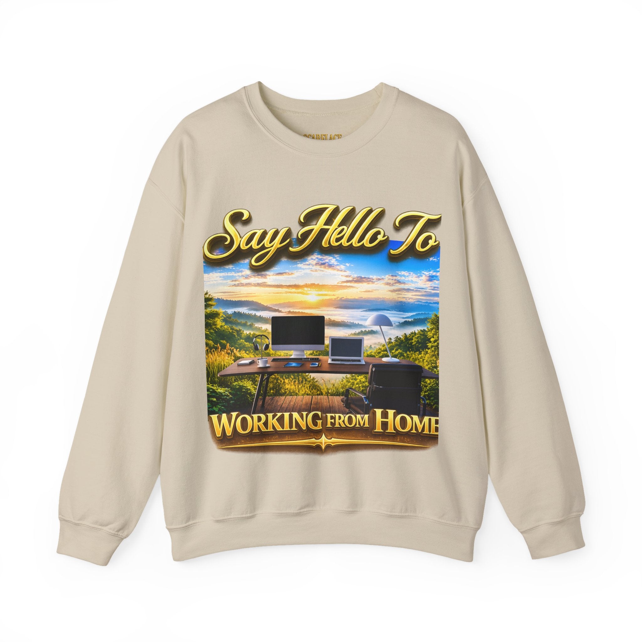 Working From Home Sweatshirt – "Say Hello To" Scenic Home Office Crewneck Printify