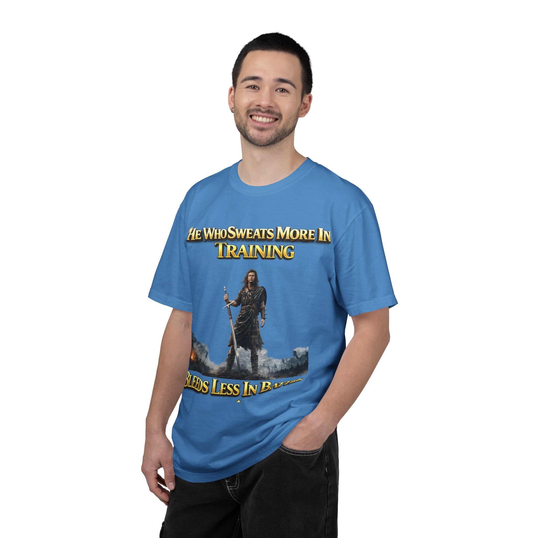 Training Warrior T-Shirt — "He Who Sweats More in Training Bleeds Less in Battle" Printify