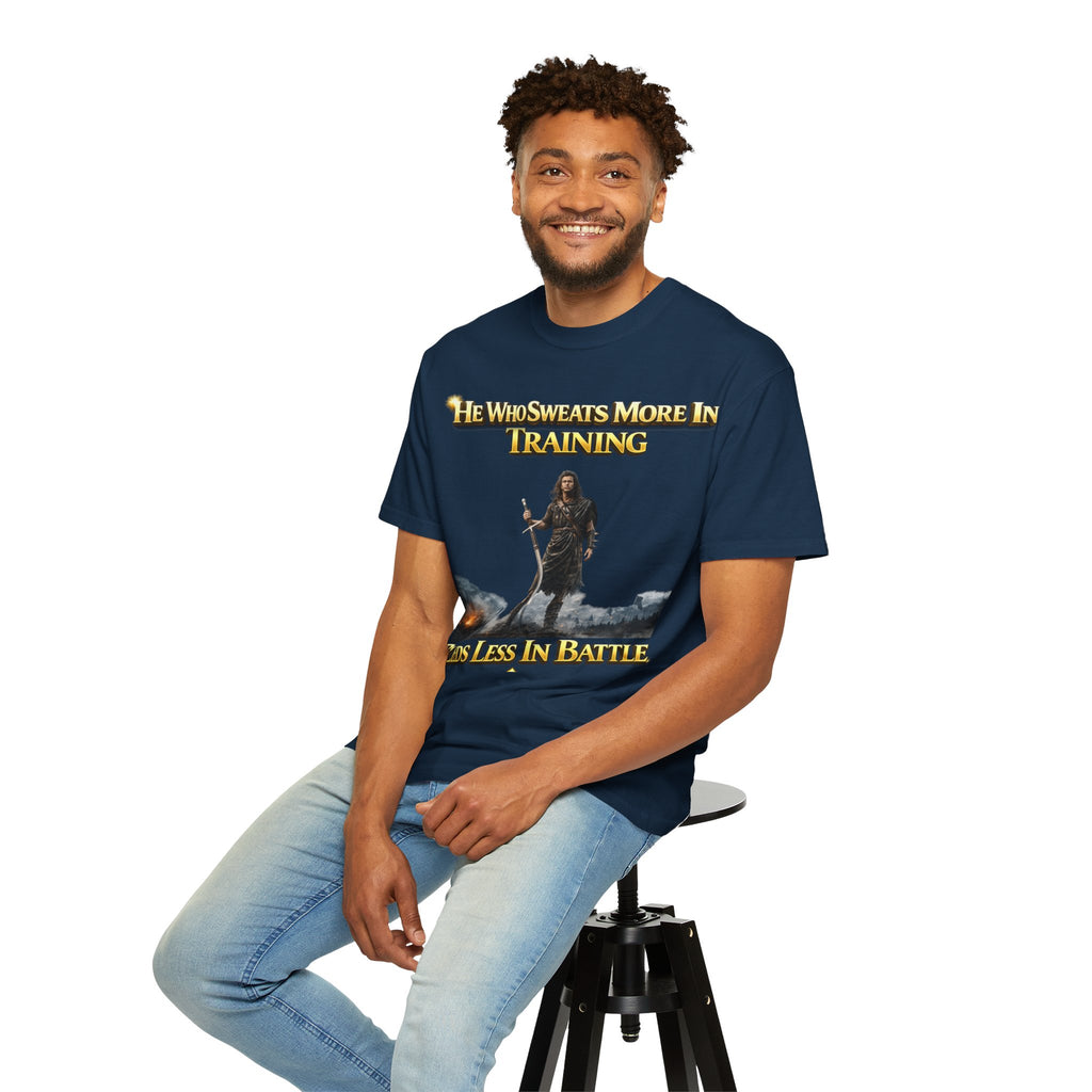 Training Warrior T-Shirt — "He Who Sweats More in Training Bleeds Less in Battle" Printify