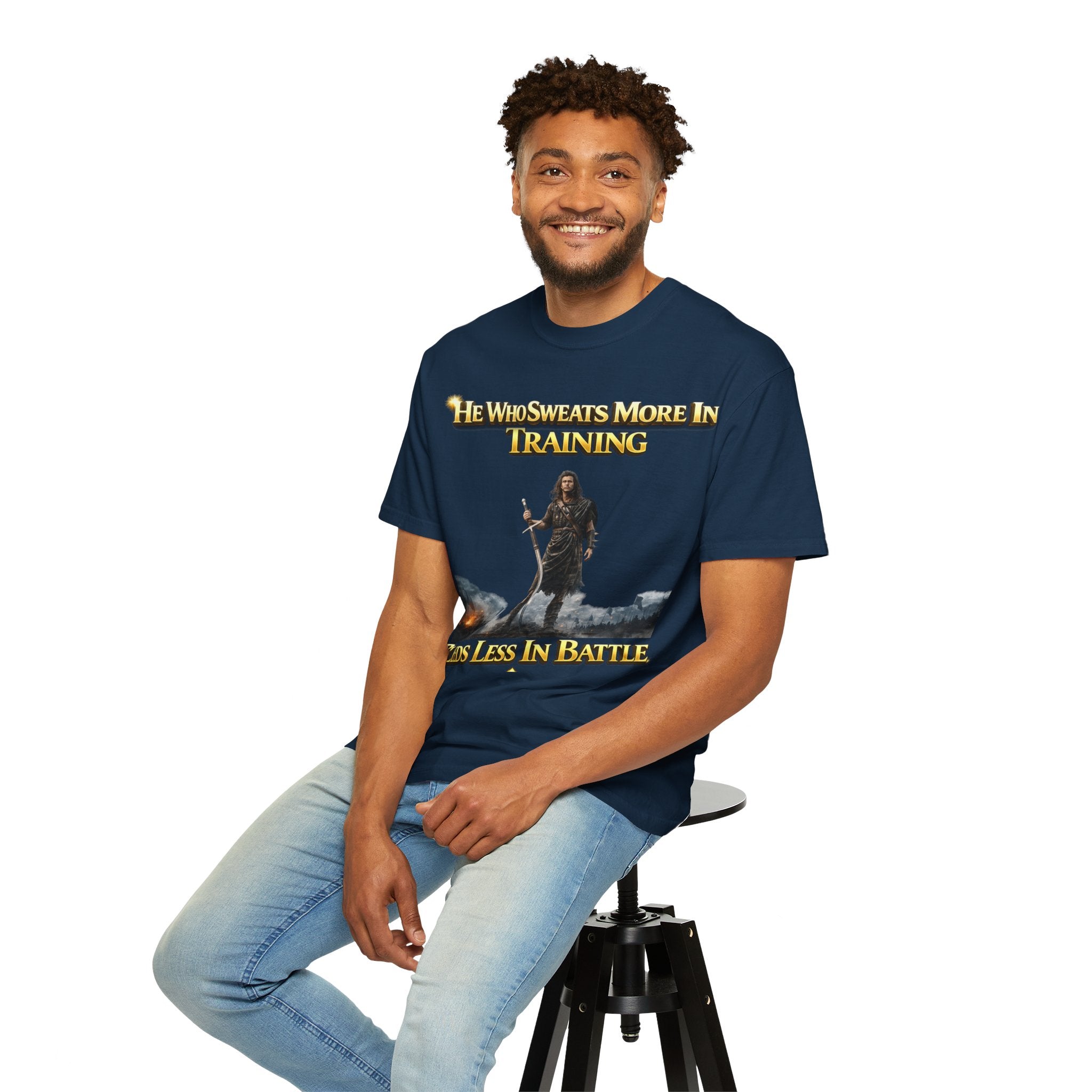 Training Warrior T-Shirt — "He Who Sweats More in Training Bleeds Less in Battle" Printify