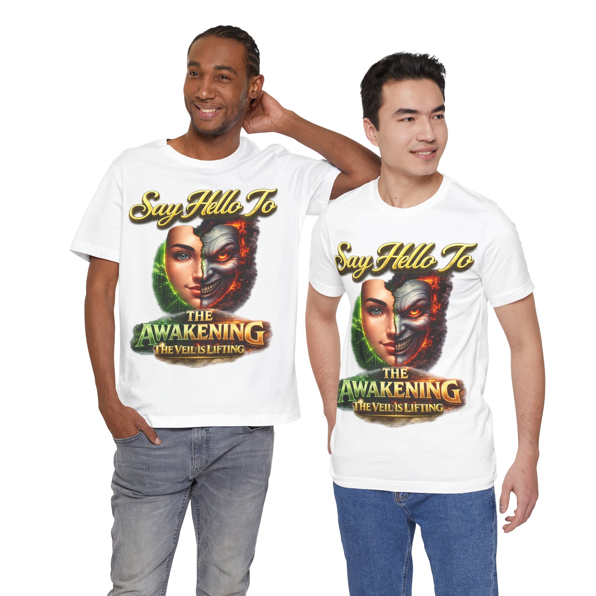 Horror Mask Split Face Tee — "Say Hello To Your Family and Friends" Graphic T-Shirt Printify