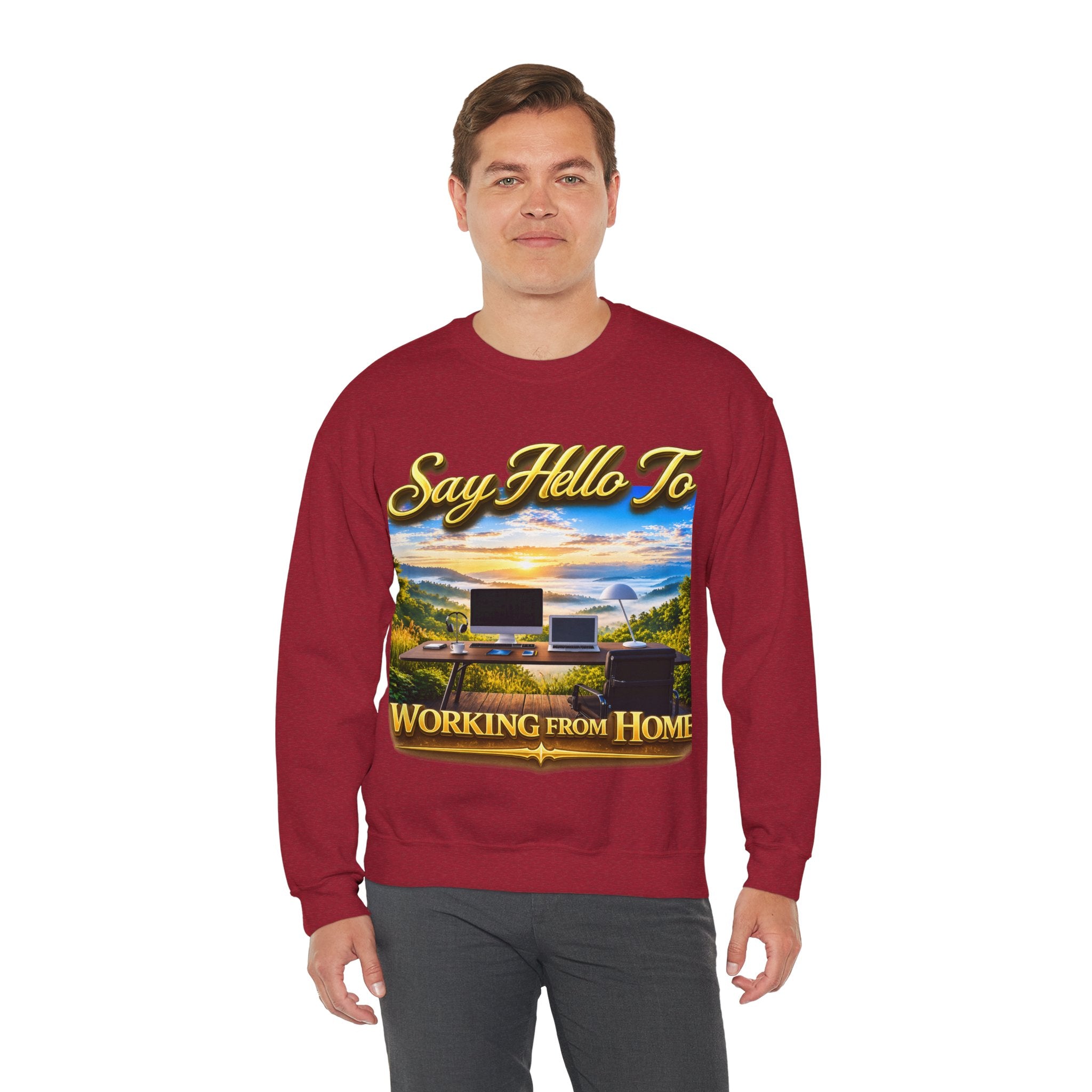 Working From Home Sweatshirt – "Say Hello To" Scenic Home Office Crewneck Printify