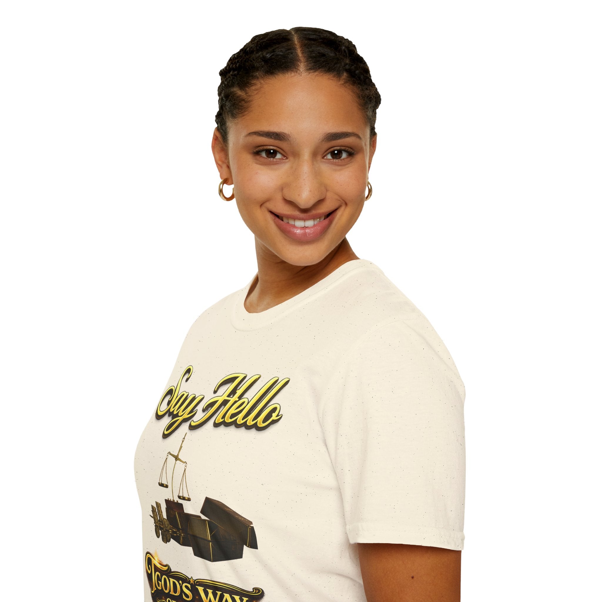 T-Shirt — "Say Hello" Money & Faith Graphic Tee (God's Way You Make Too Much Money) Printify
